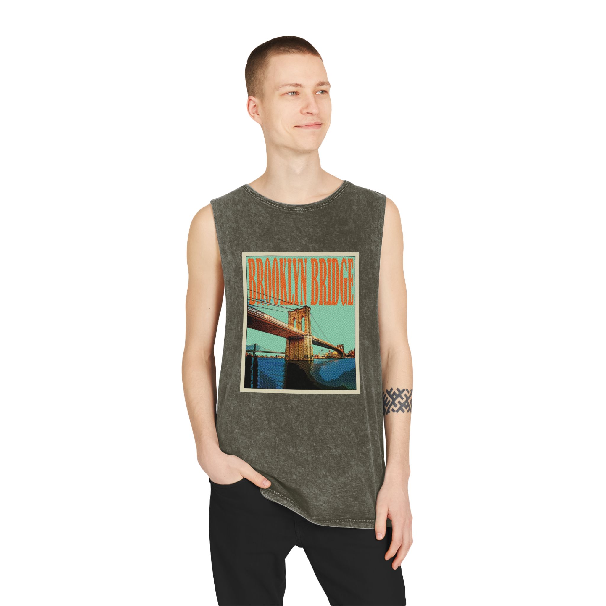 Brooklyn Bridge Retro Travel Poster Unisex Stonewash Tank Top - Image 7