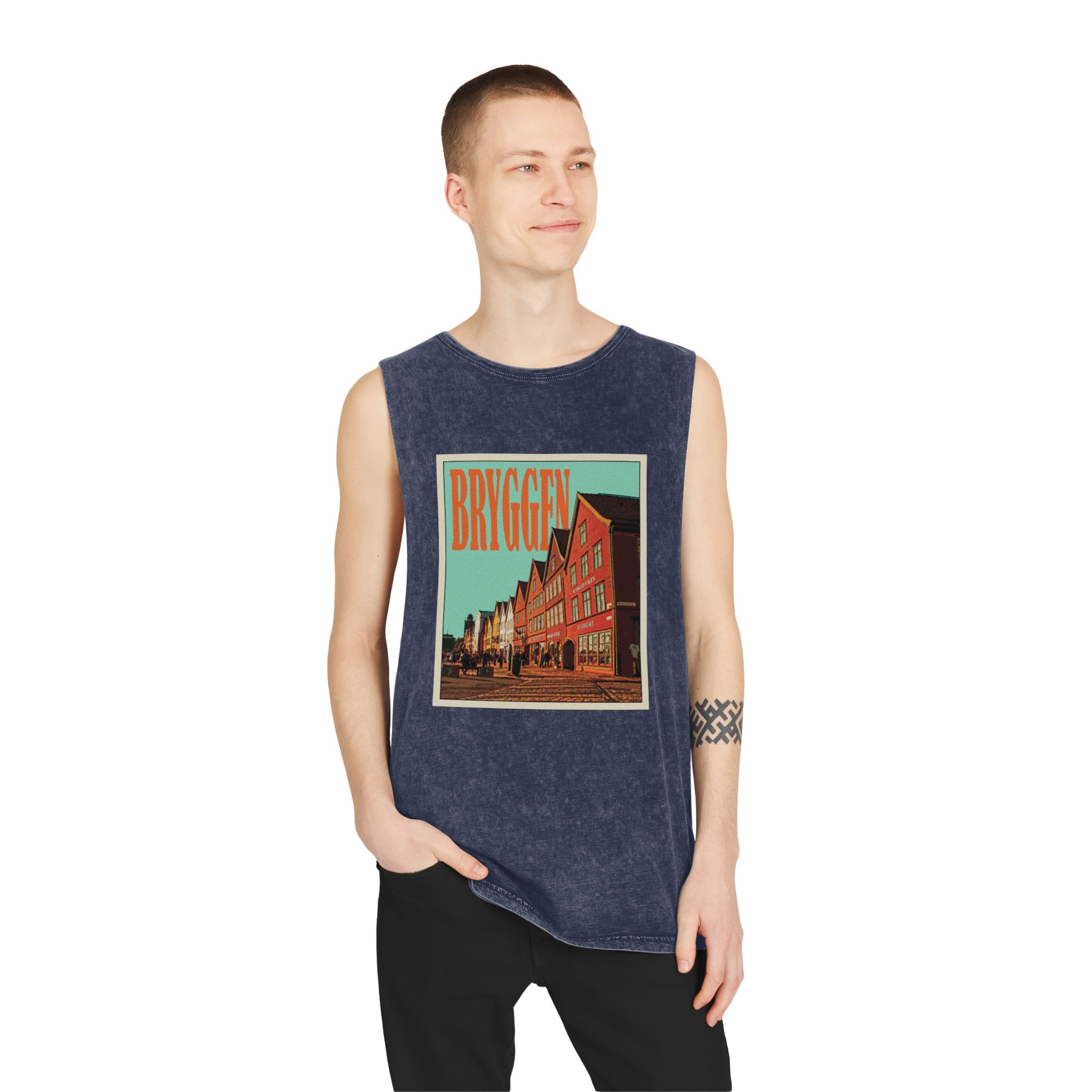 Bryggen Retro Travel Poster Unisex Stonewash Tank Top - Image 15