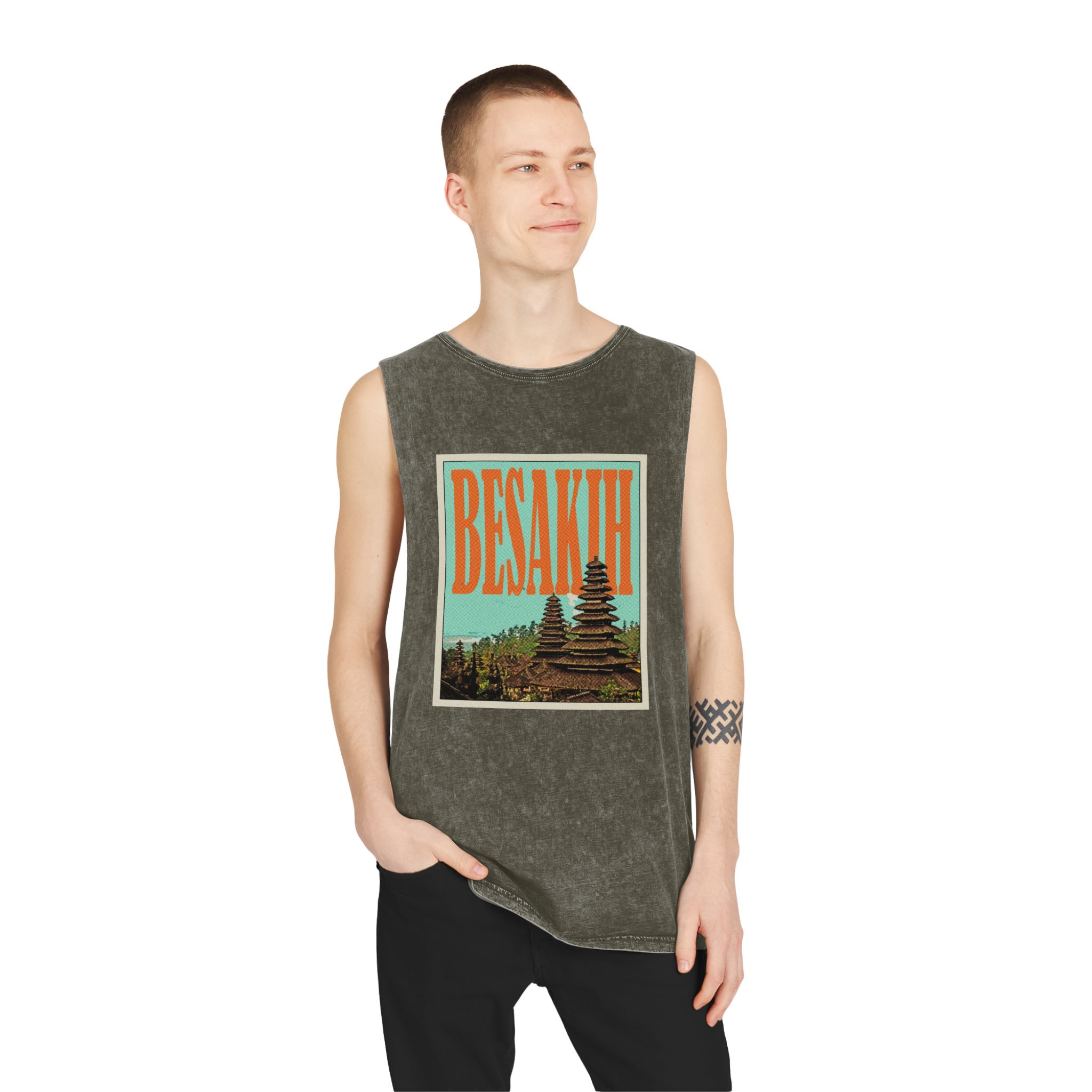 Besakih Retro Travel Poster Unisex Stonewash Tank Top - Image 7