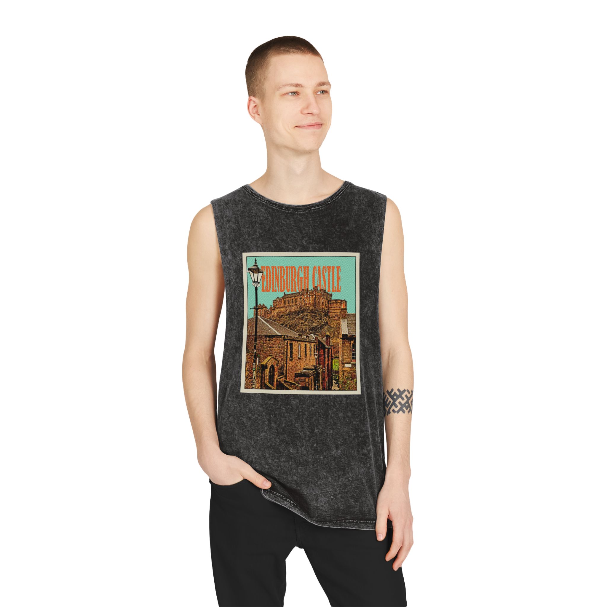 Edinburgh Castle Retro Travel Poster Unisex Stonewash Tank Top - Image 3