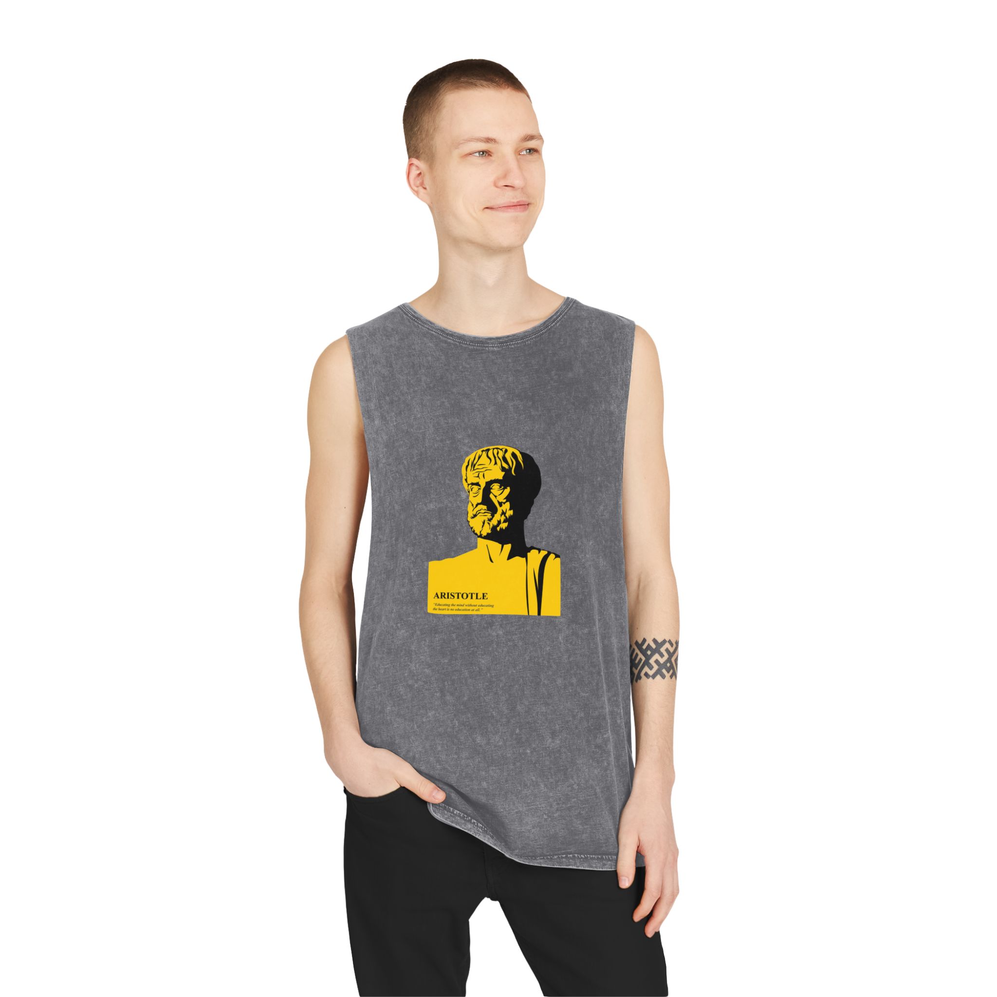 Aristotle Silhuette Flat Art Graphic Art Aristotle With Quote Unisex Stonewash Tank Top - Image 11