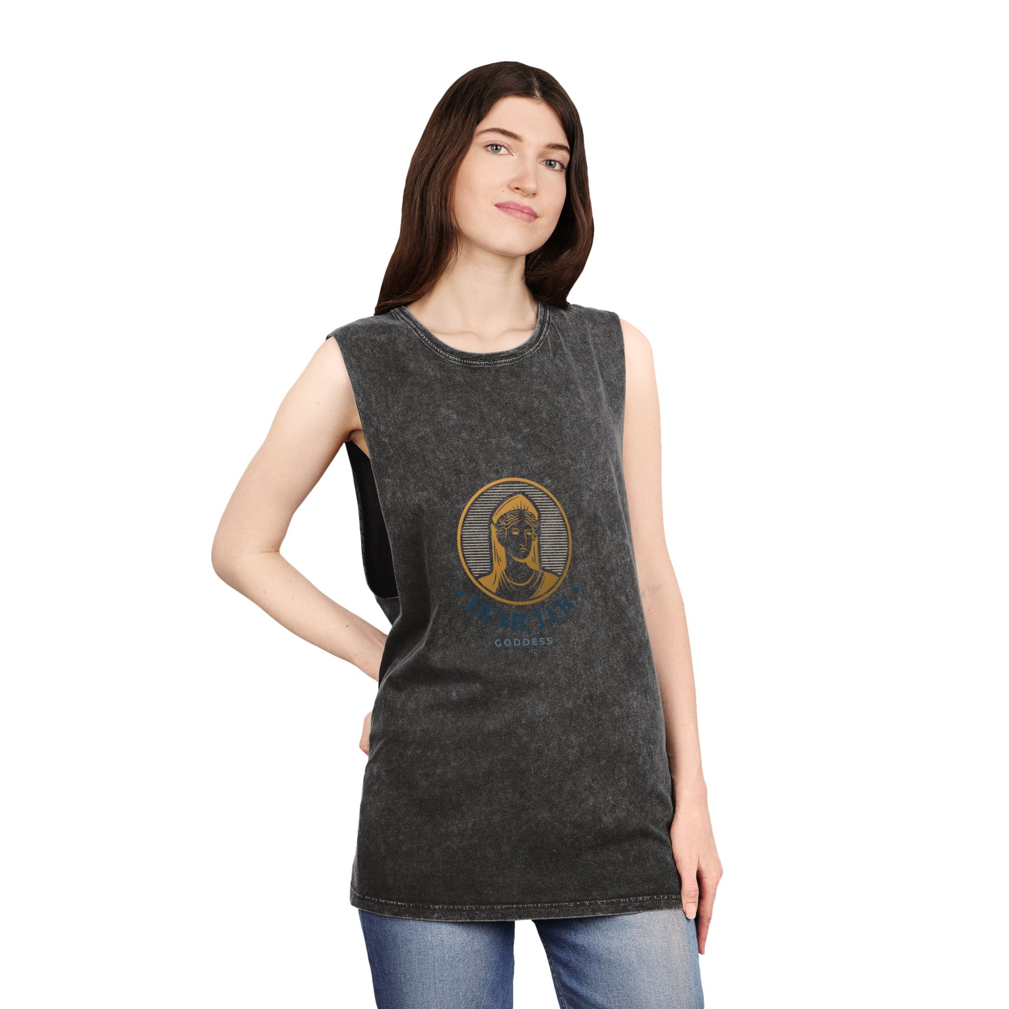 Detailed Goddess Logo With Golden Elements Unisex Stonewash Tank Top - Image 4