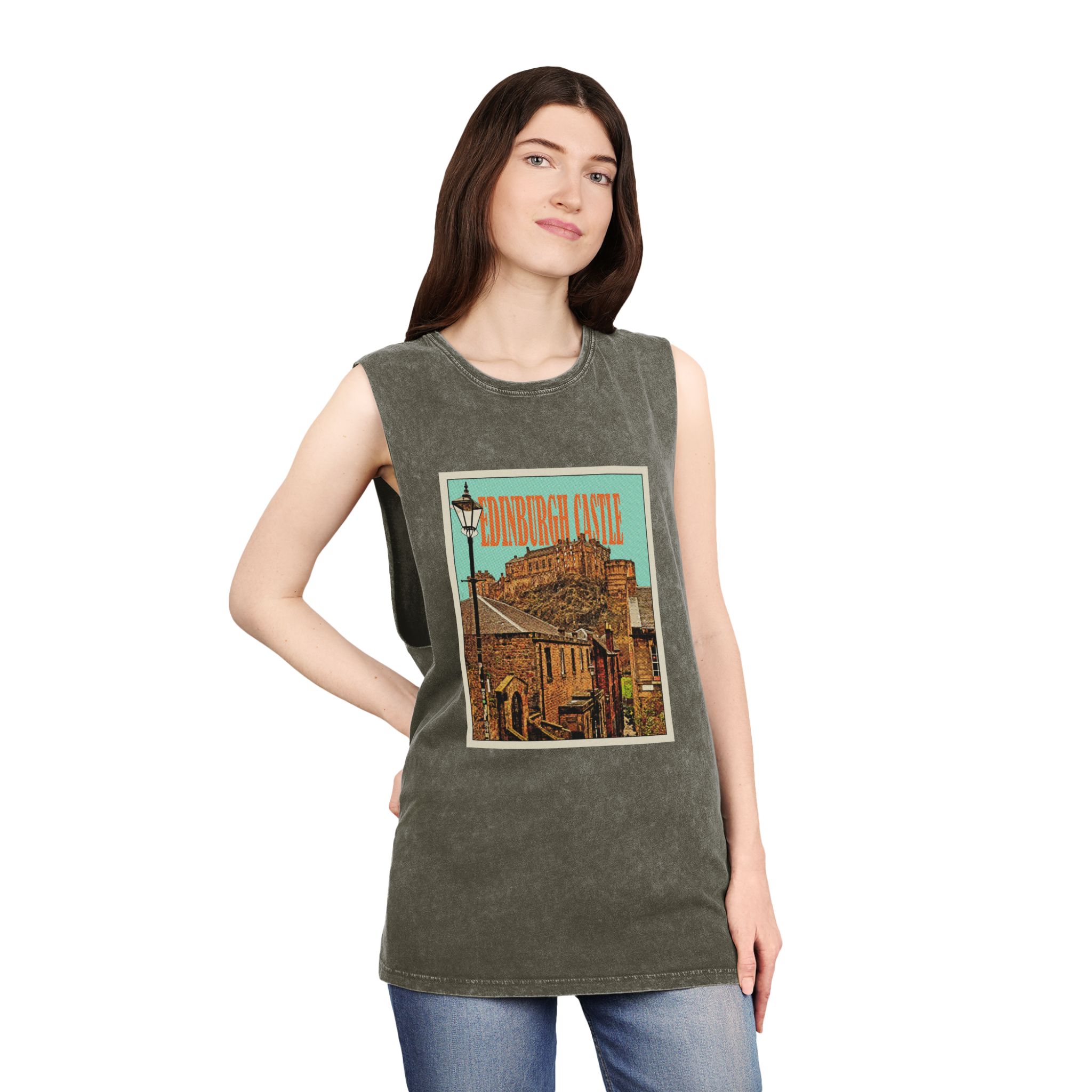 Edinburgh Castle Retro Travel Poster Unisex Stonewash Tank Top - Image 8