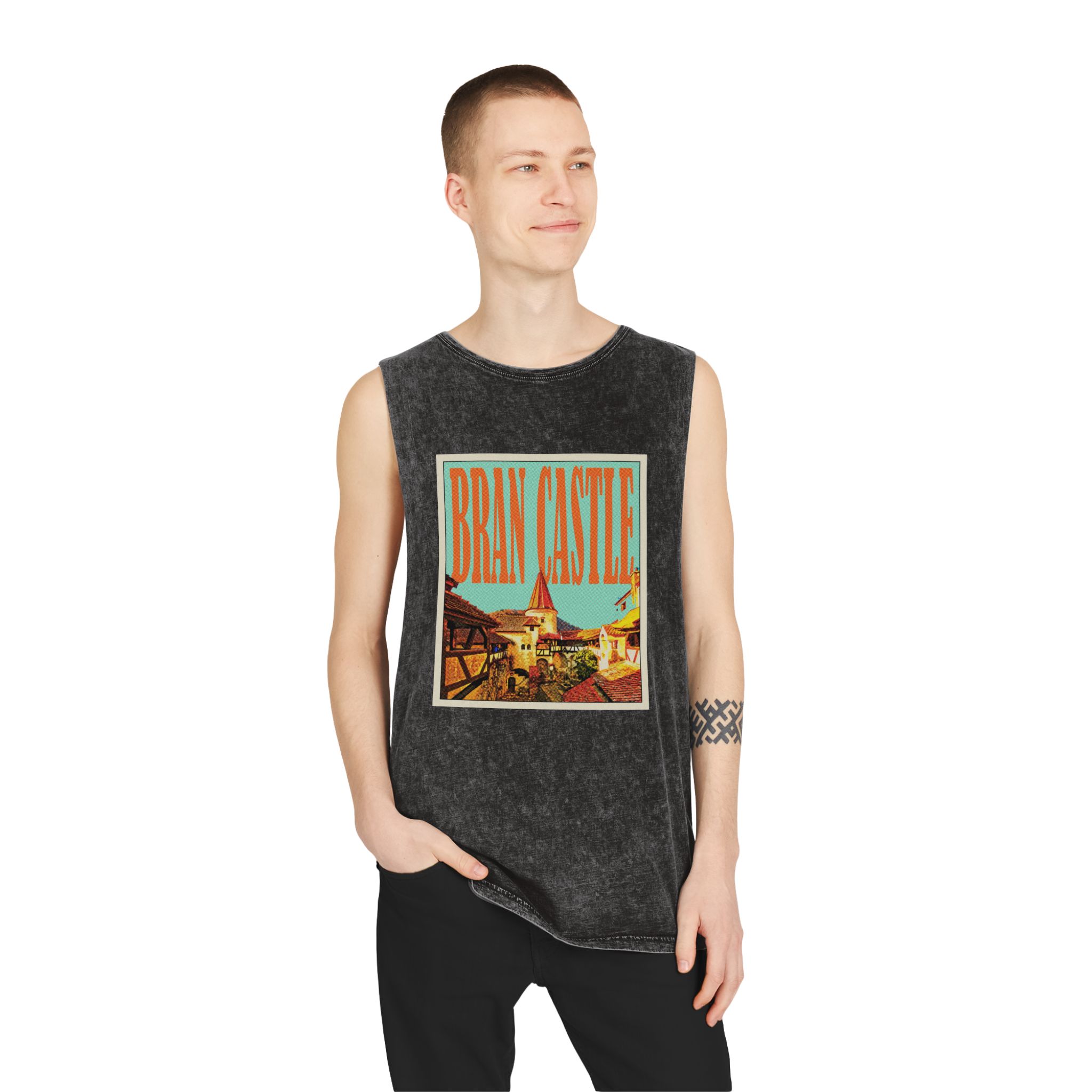 Bran Castle Retro Travel Poster (1) Unisex Stonewash Tank Top - Image 3