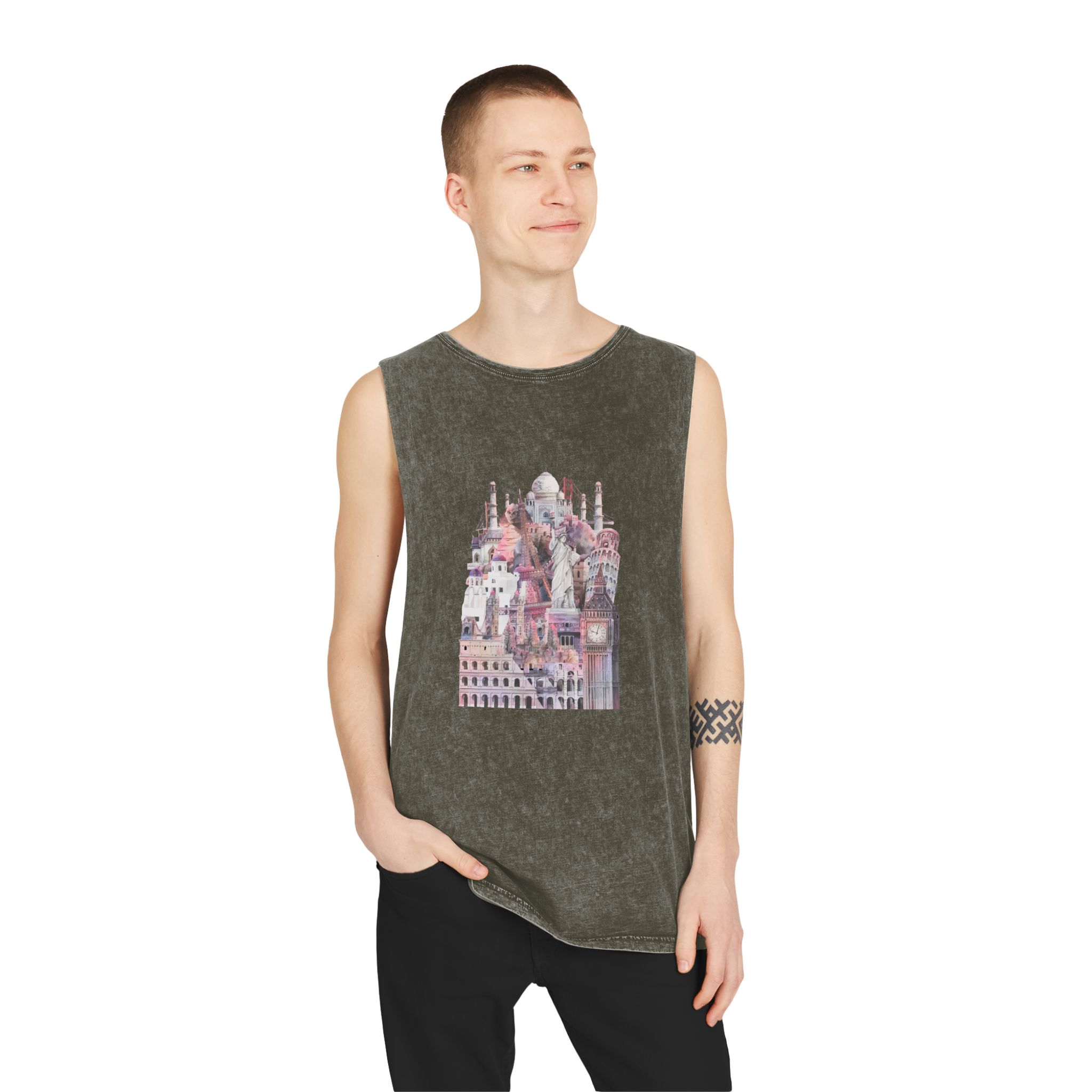 Collection Architectural Landmarks Painted By Watercolor Unisex Stonewash Tank Top - Image 7