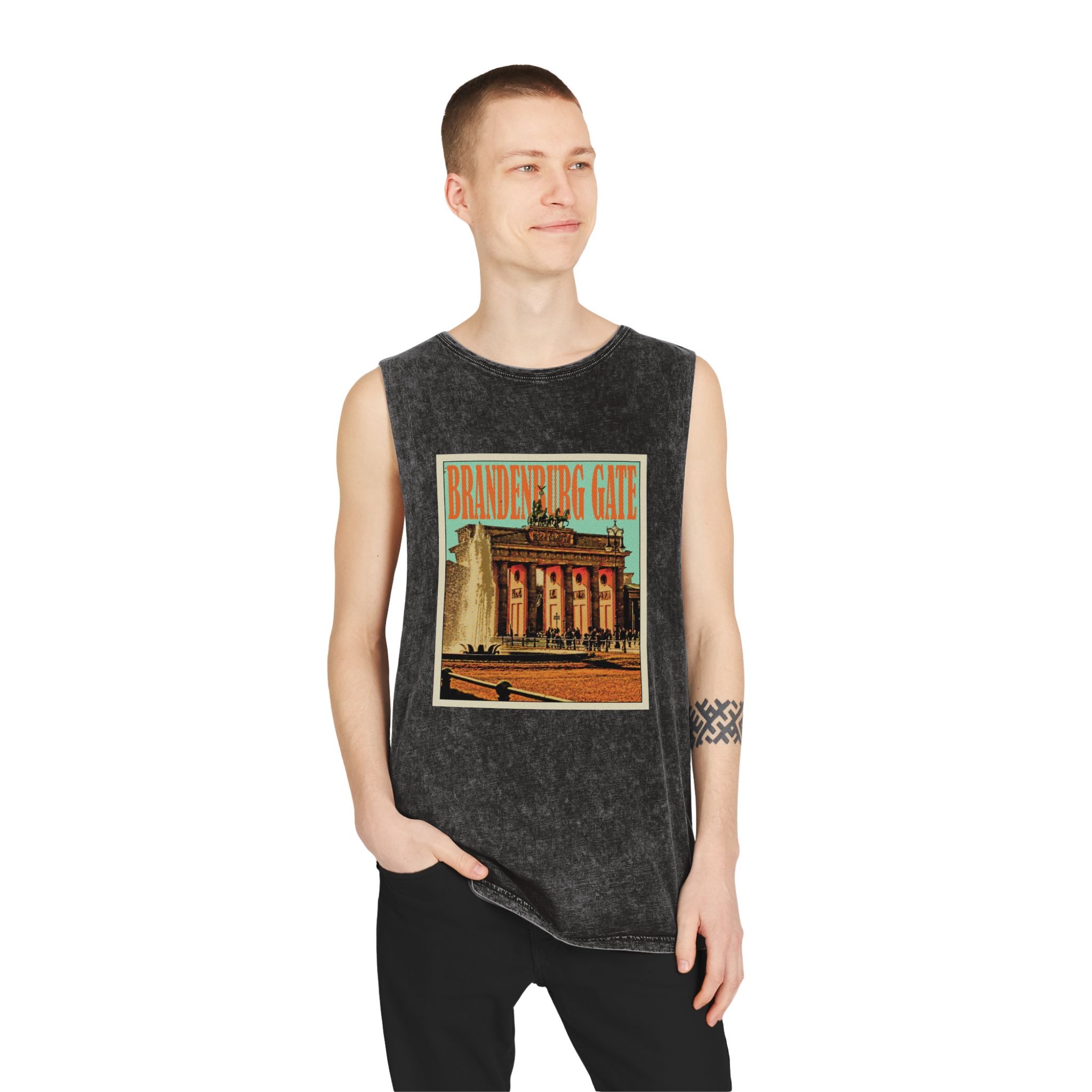 Brandenburg Gate Retro Travel Poster Unisex Stonewash Tank Top - Image 3