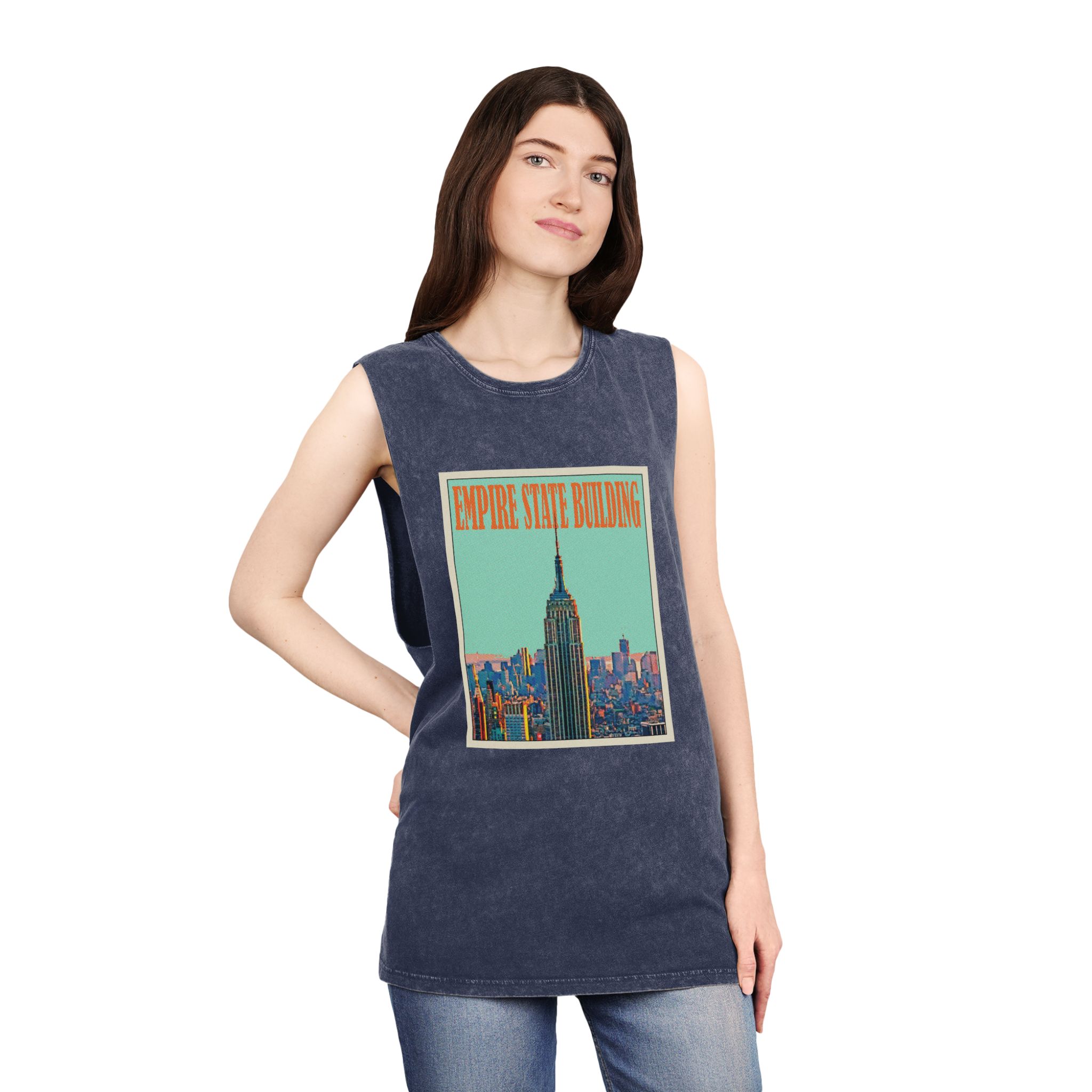 Empire State Building Retro Travel Poster Unisex Stonewash Tank Top - Image 16