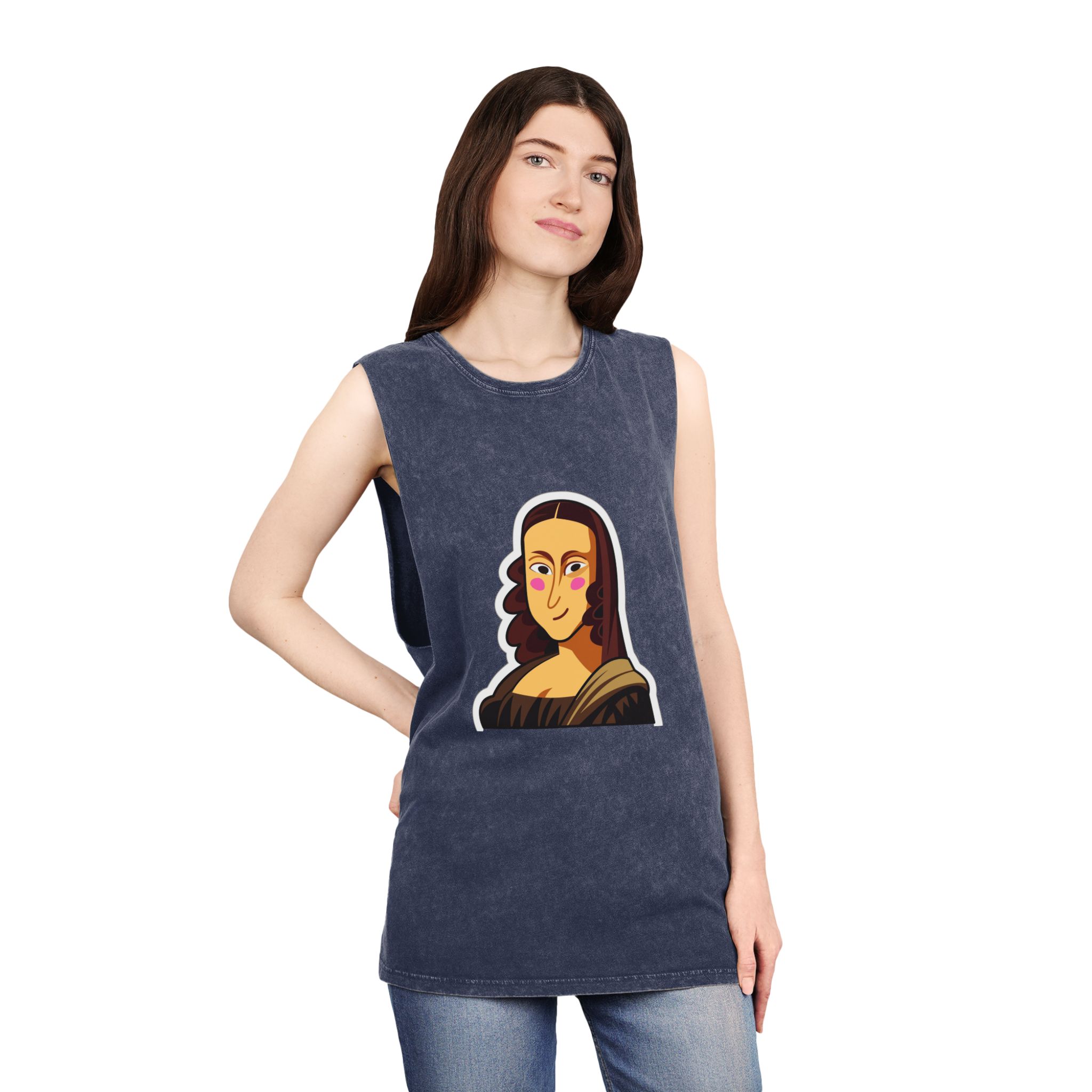 Cartoon Mona Lisa Sticker Unisex Stonewash Tank Top - Image 16