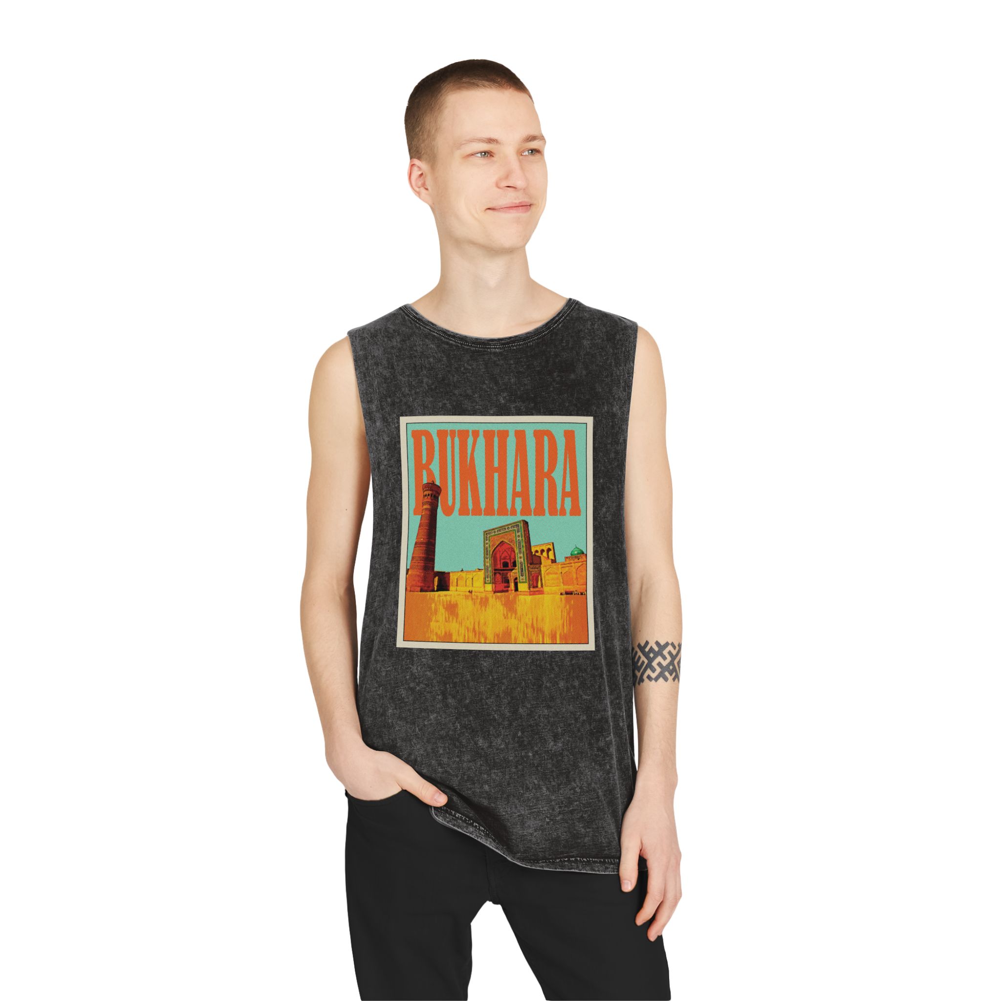 Bukhara Retro Travel Poster Unisex Stonewash Tank Top - Image 3