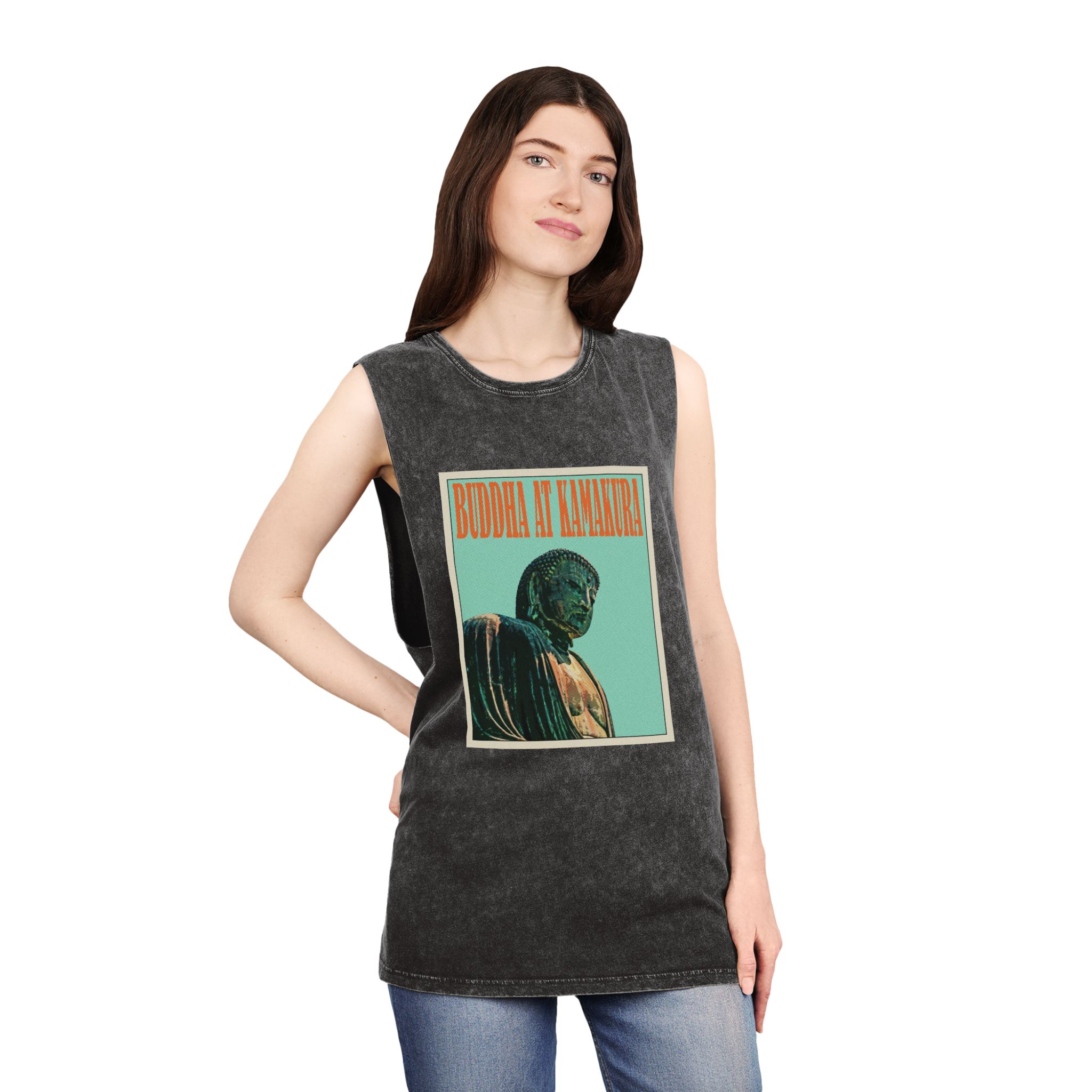 Buddha Kamakura Retro Travel Poster Unisex Stonewash Tank Top - Image 4