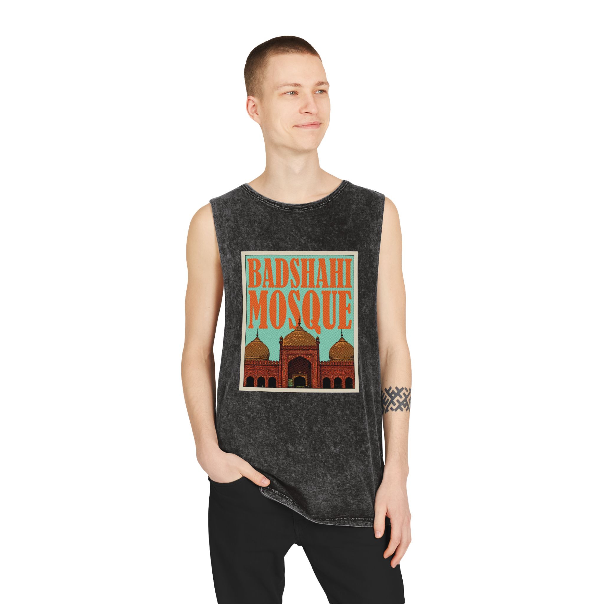 Badshahi Mosque Retro Travel Poster Unisex Stonewash Tank Top - Image 3