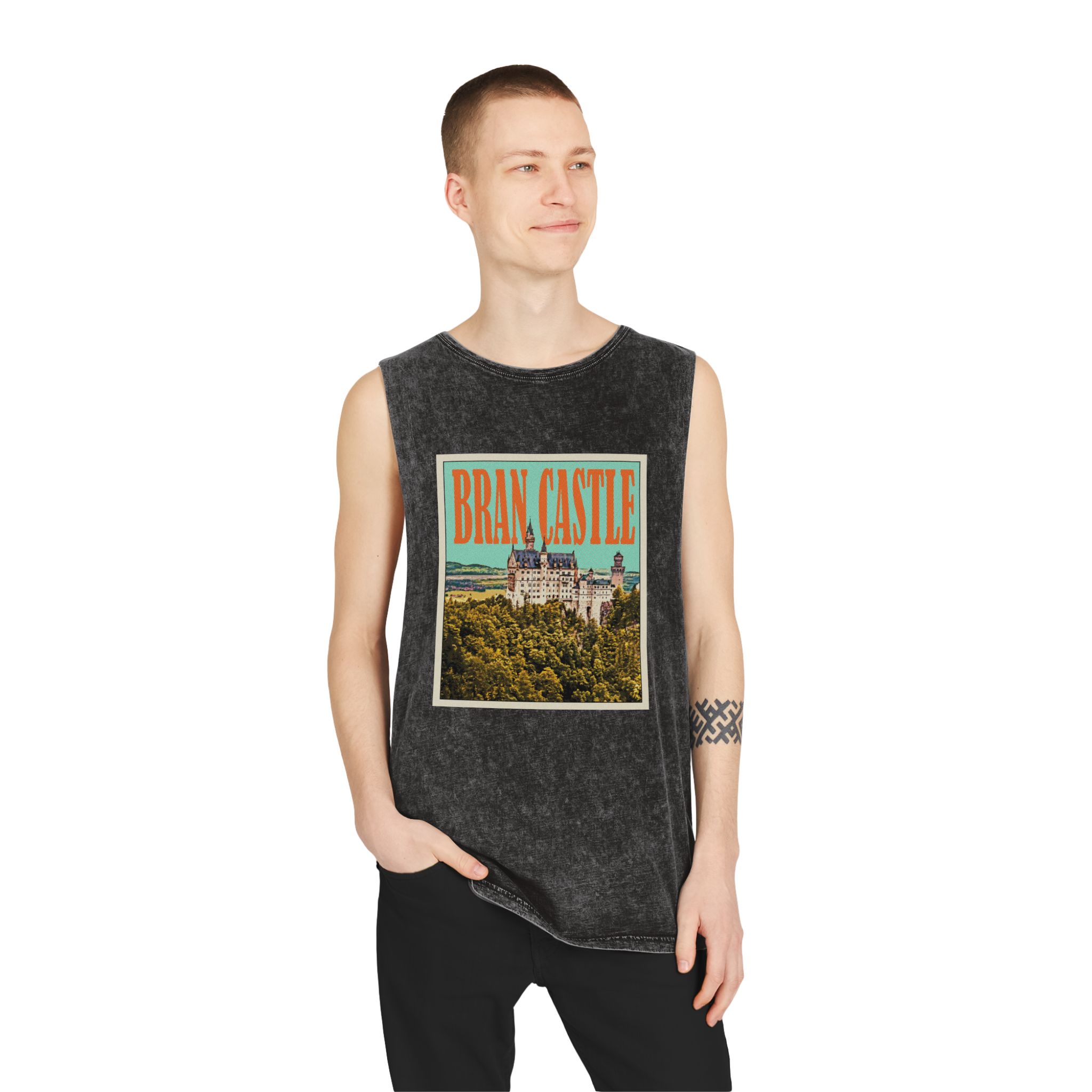 Bran Castle Retro Travel Poster Unisex Stonewash Tank Top - Image 3