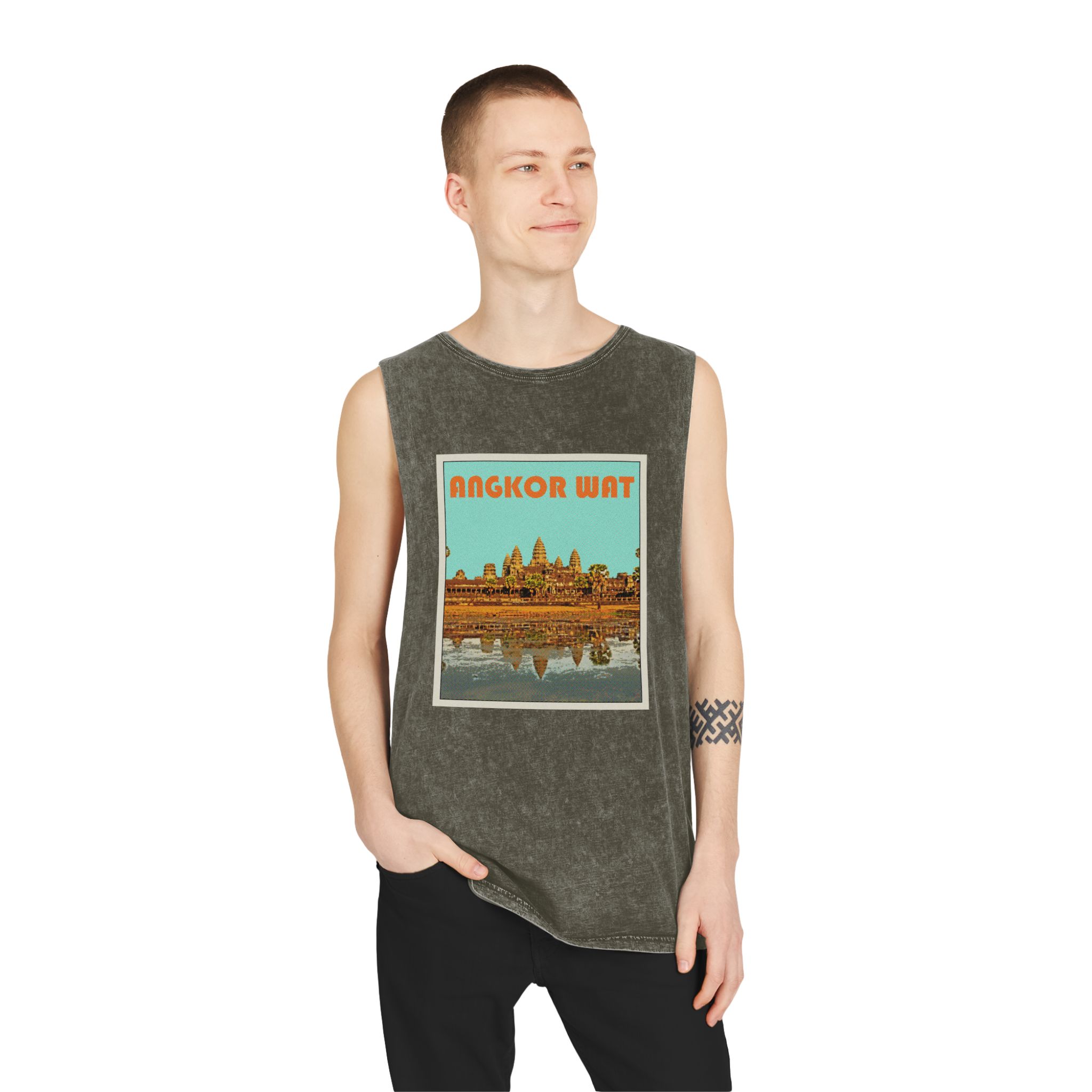 Angkor Wat Retro Travel Poster Unisex Stonewash Tank Top - Image 7