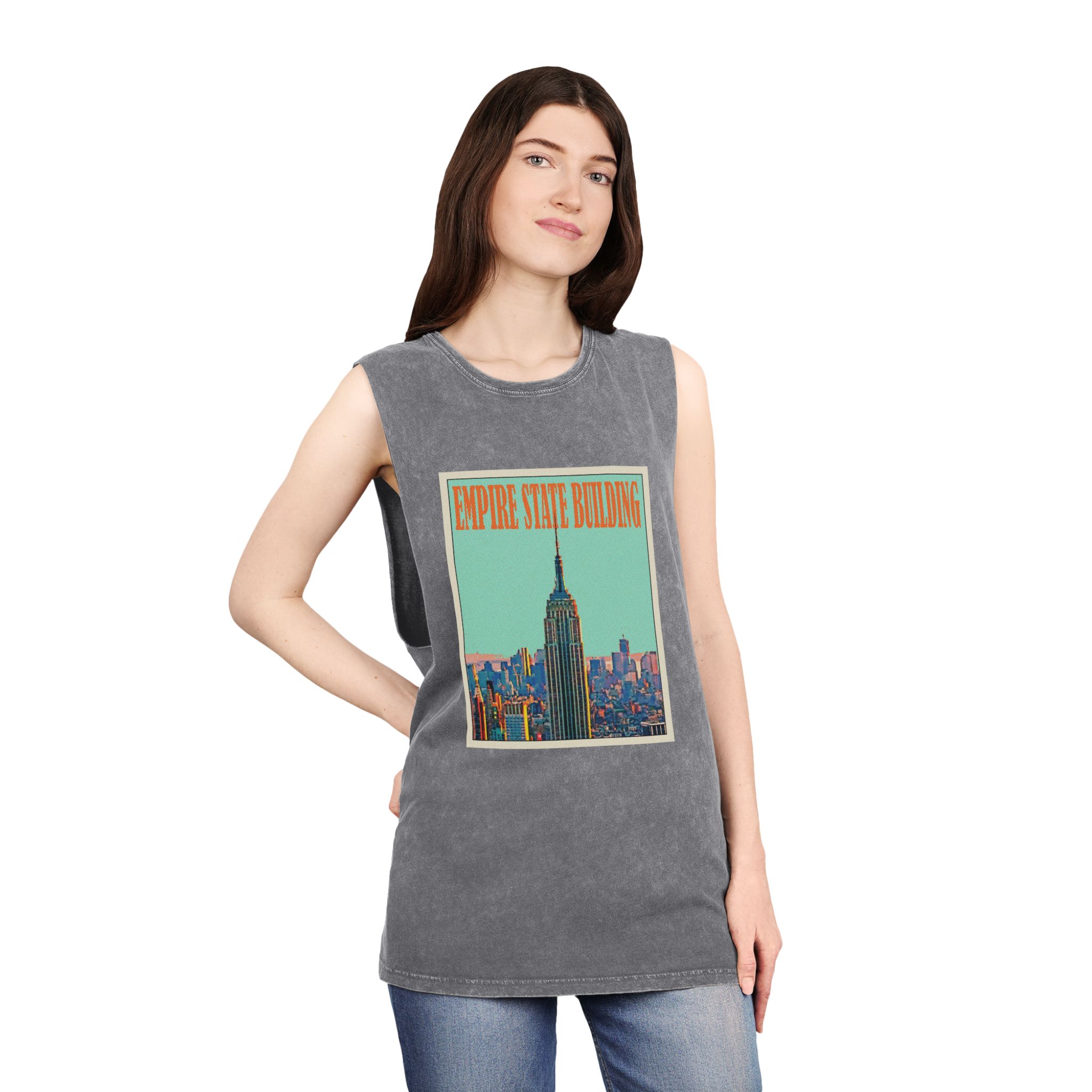 Empire State Building Retro Travel Poster Unisex Stonewash Tank Top - Image 12