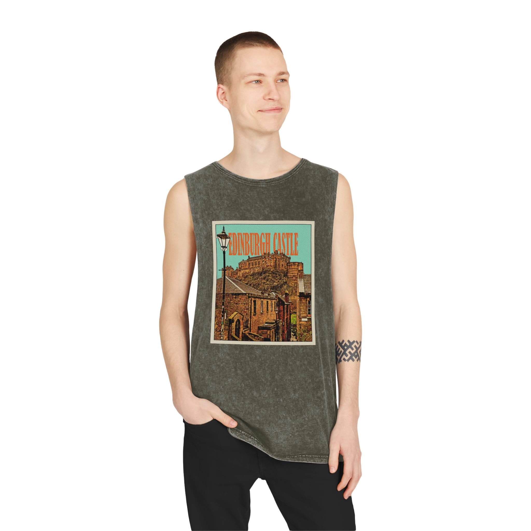 Edinburgh Castle Retro Travel Poster Unisex Stonewash Tank Top - Image 7