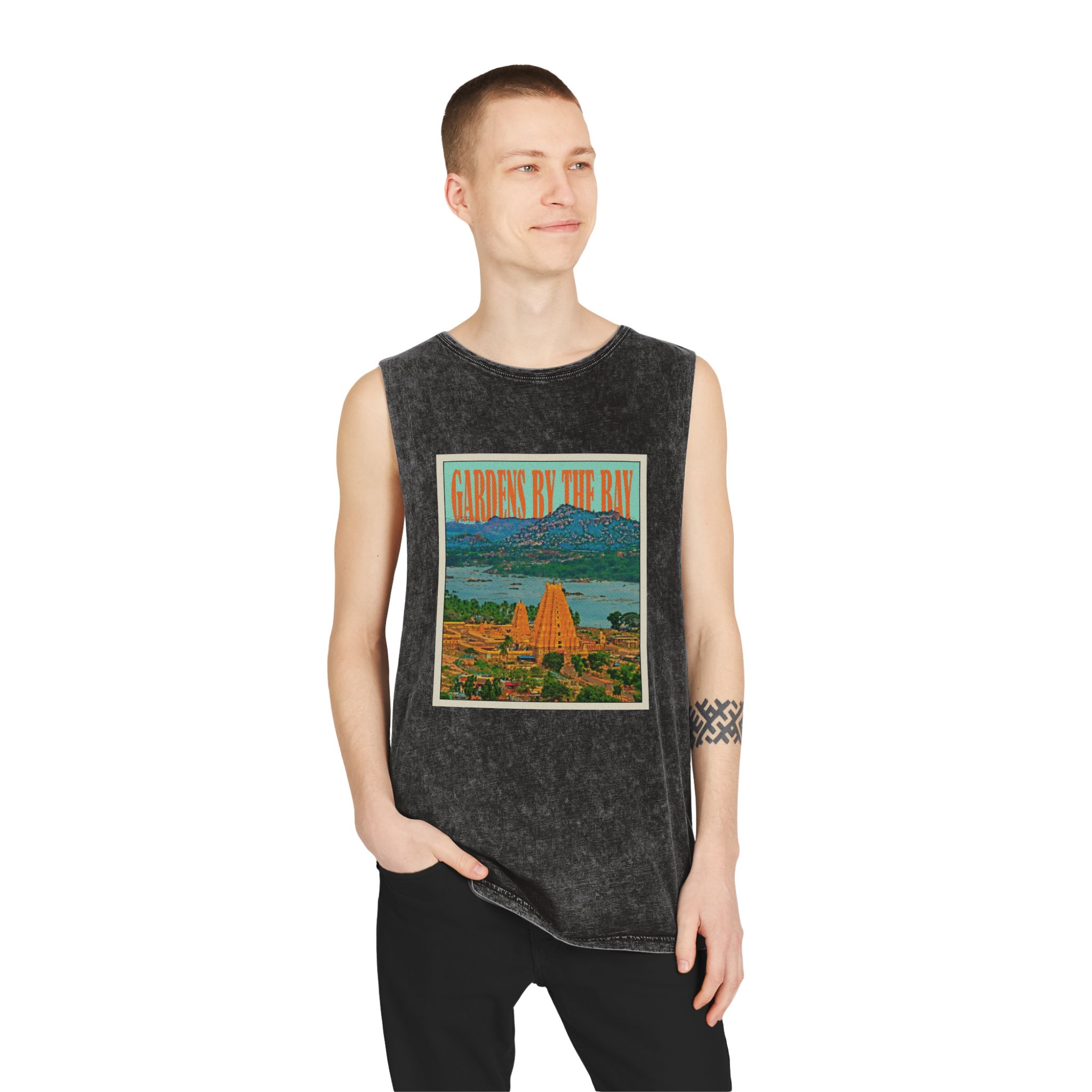 Gardens By Bay Retro Travel Poster (2) Unisex Stonewash Tank Top - Image 3