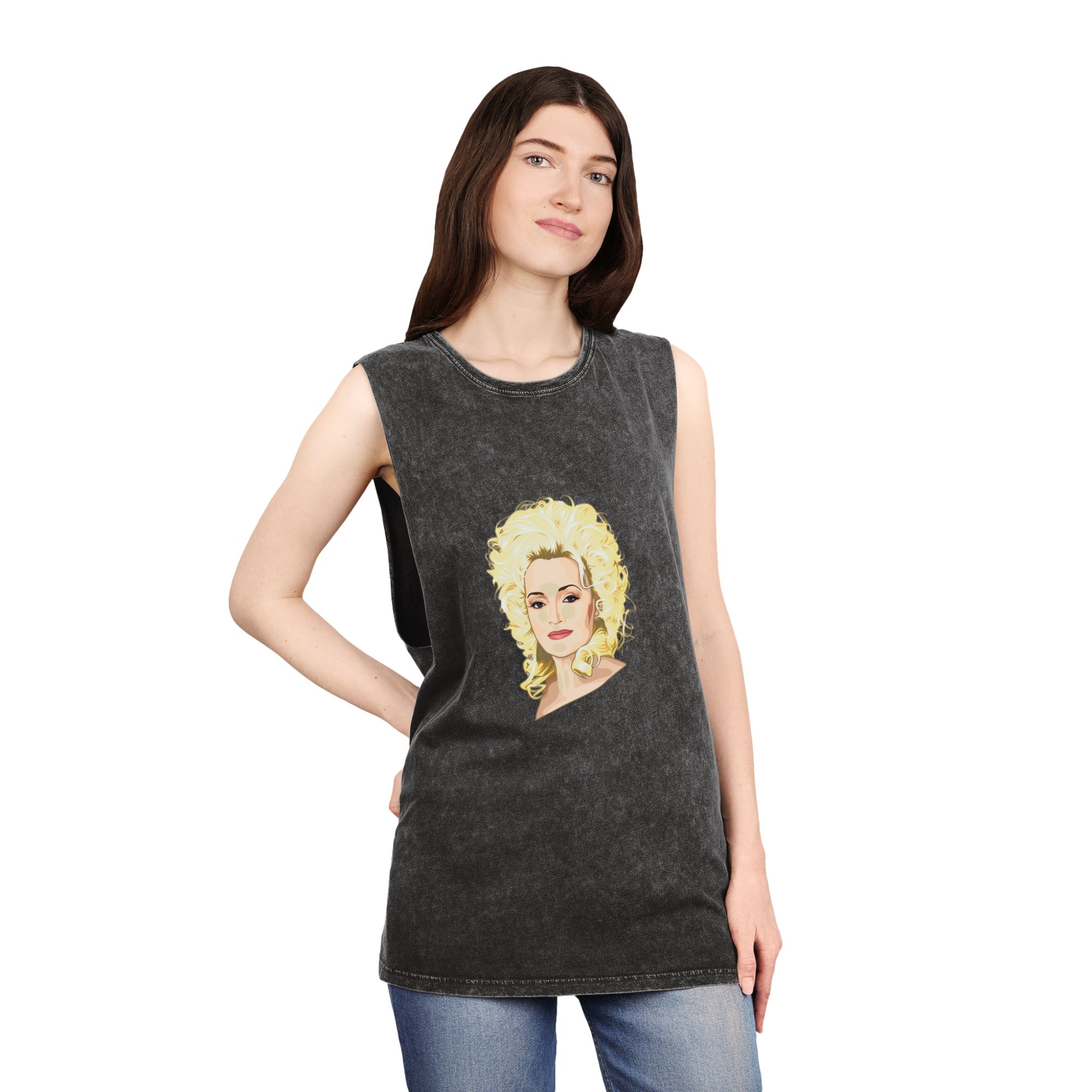 Dolly Parton Portrait Unisex Stonewash Tank Top - Image 4