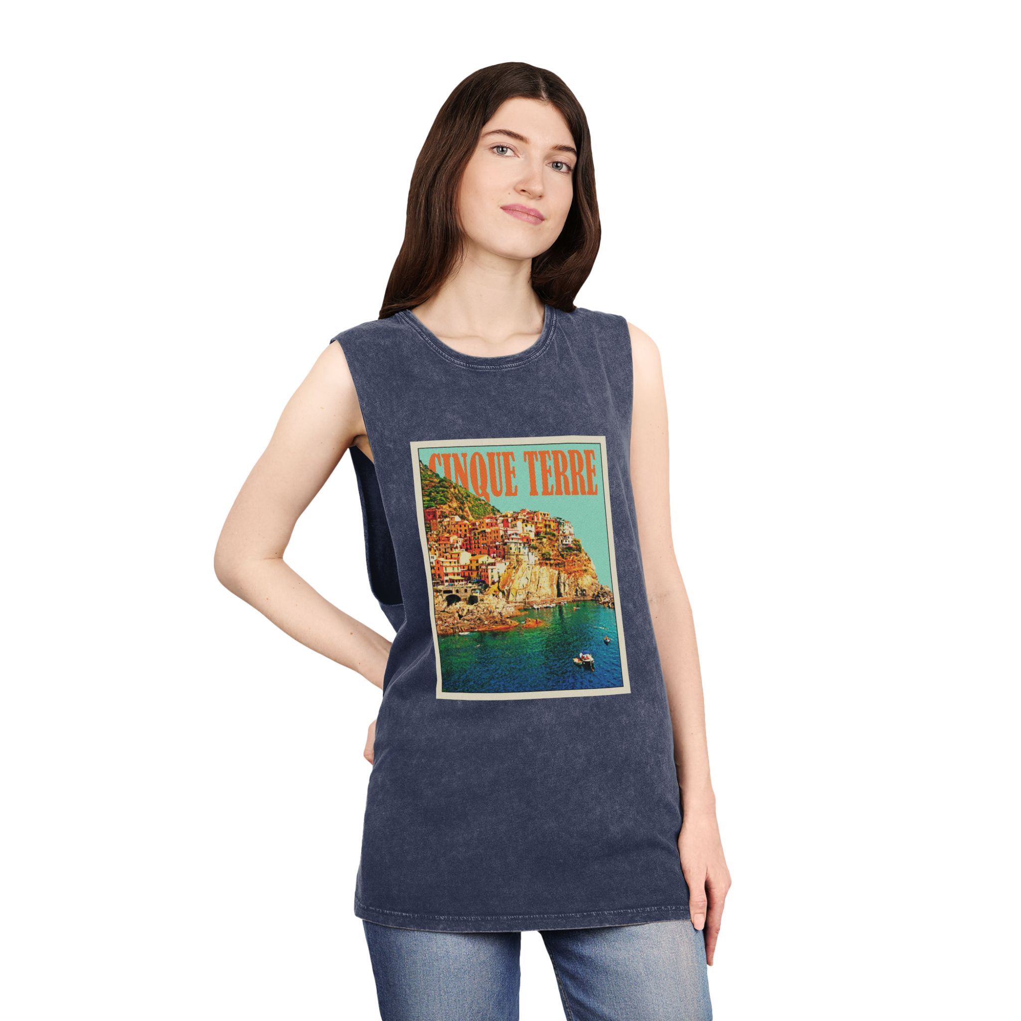 Cinque Terre Retro Travel Poster Unisex Stonewash Tank Top - Image 16
