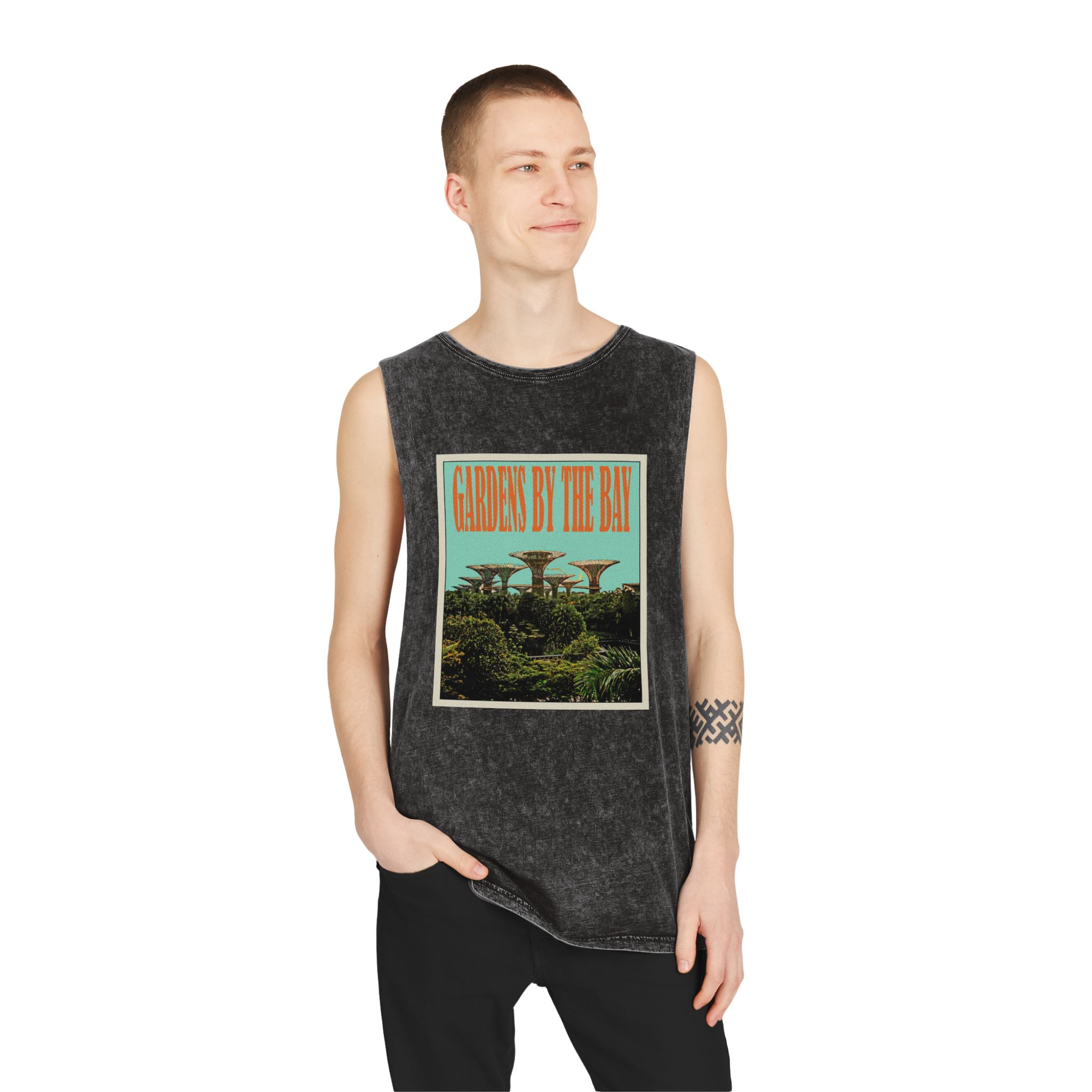 Gardens By Bay Retro Travel Poster Unisex Stonewash Tank Top - Image 3