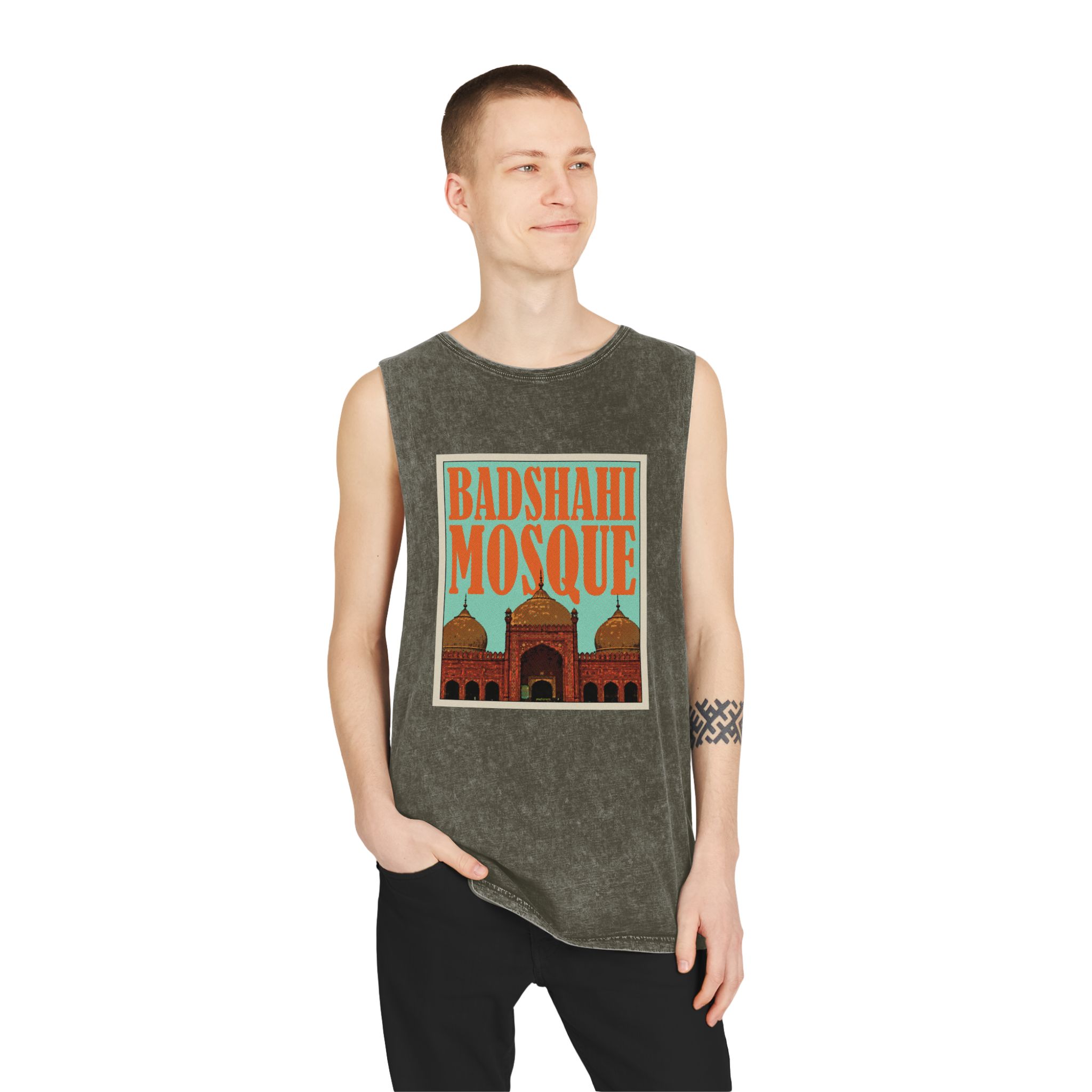 Badshahi Mosque Retro Travel Poster Unisex Stonewash Tank Top - Image 7
