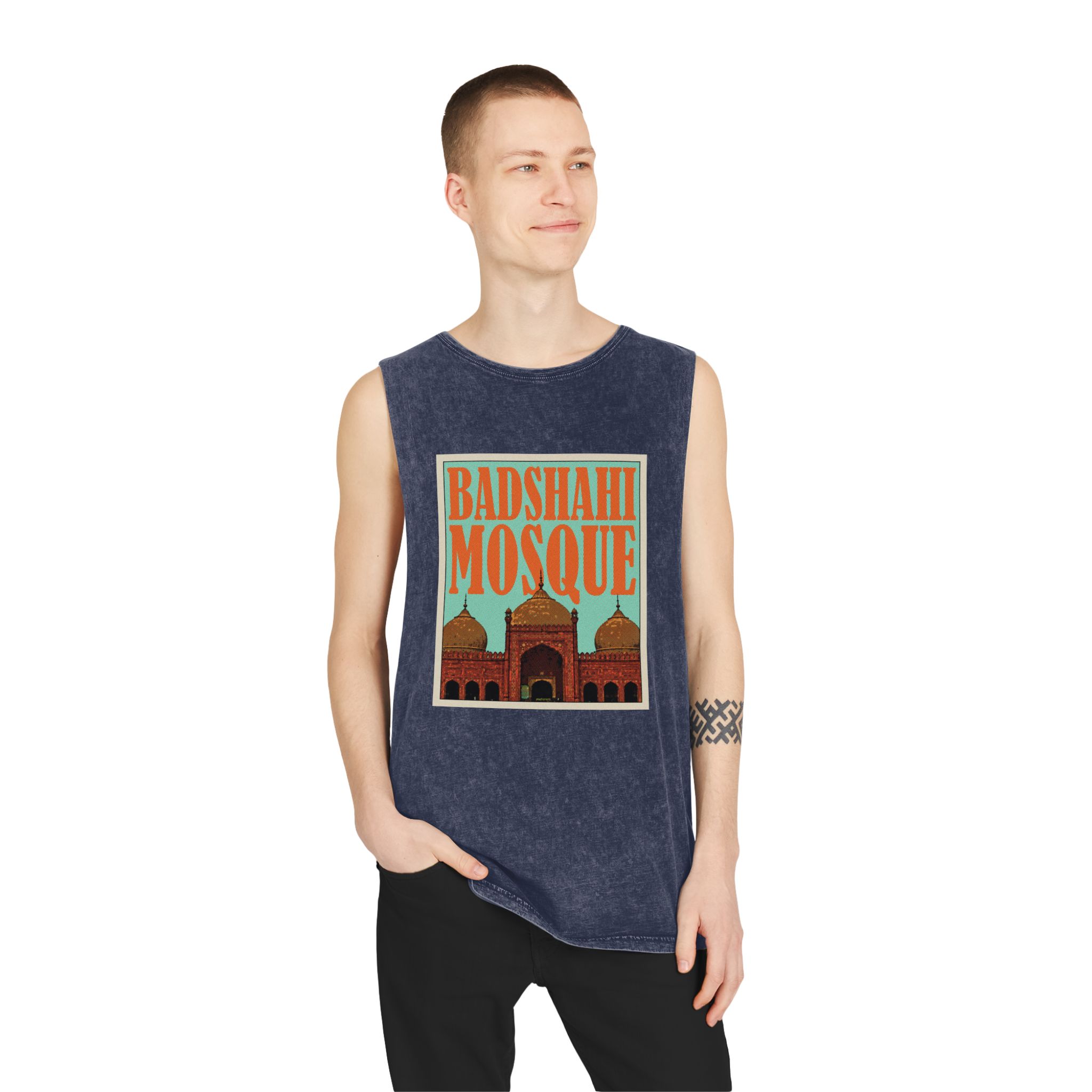 Badshahi Mosque Retro Travel Poster Unisex Stonewash Tank Top - Image 15