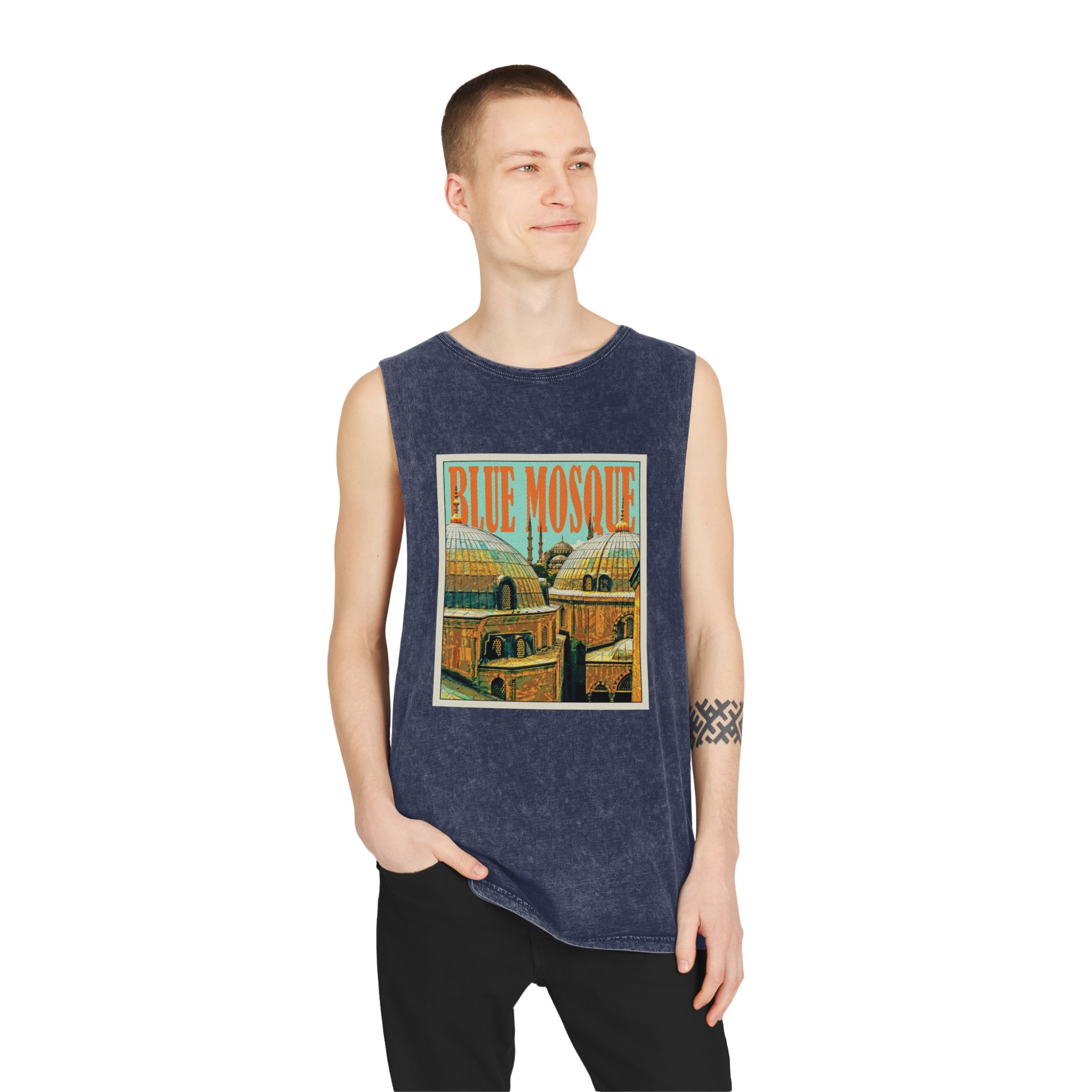 Blue Mosque Retro Travel Poster (1) Unisex Stonewash Tank Top - Image 15