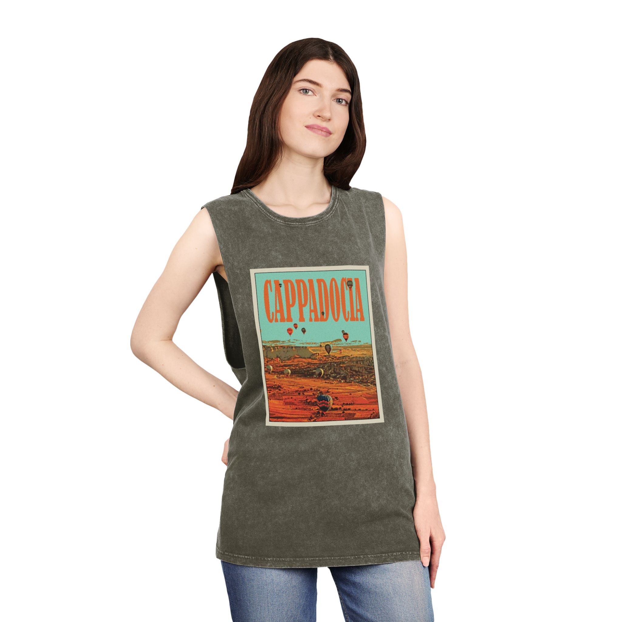 Cappadocia Retro Travel Poster Unisex Stonewash Tank Top - Image 8