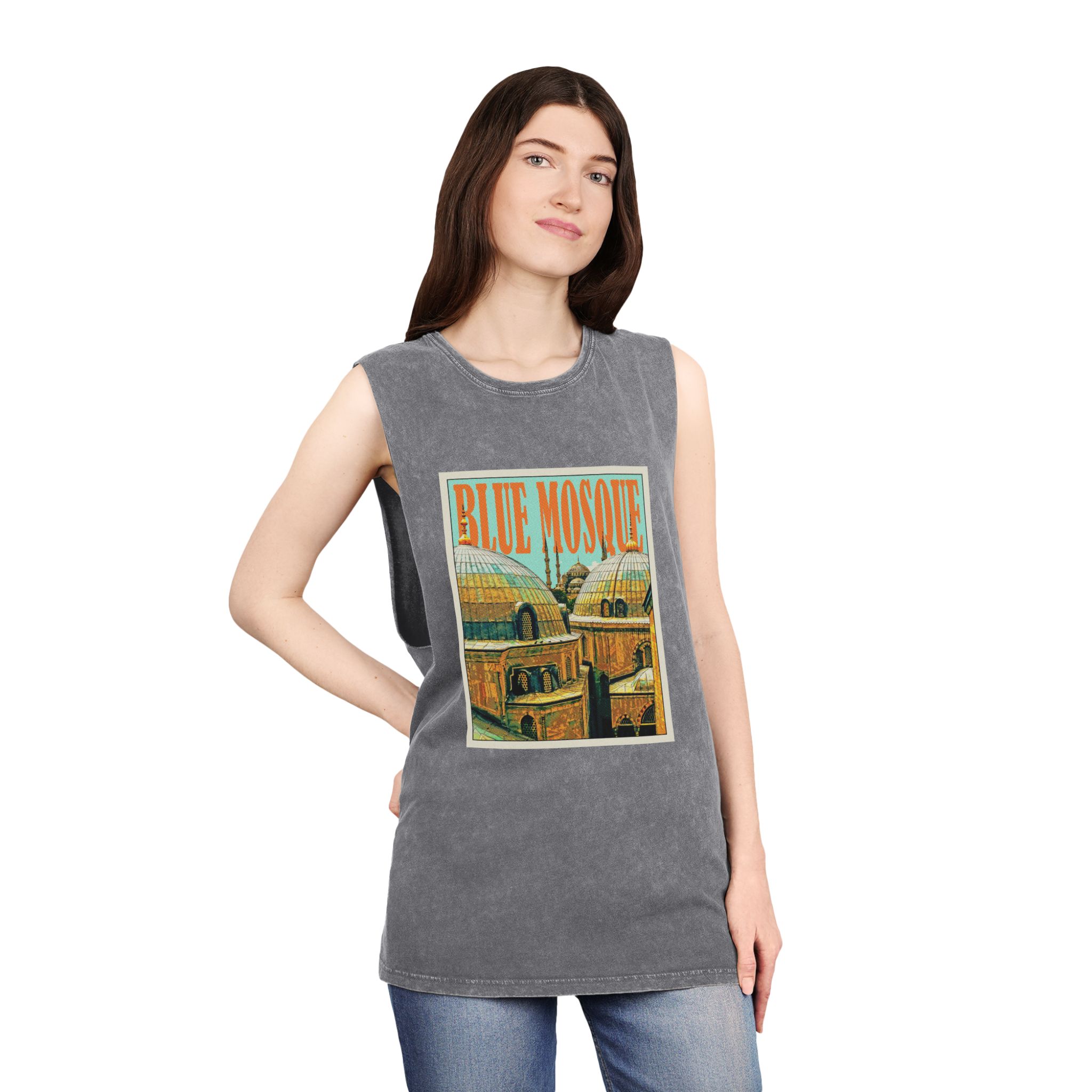 Blue Mosque Retro Travel Poster (1) Unisex Stonewash Tank Top - Image 12