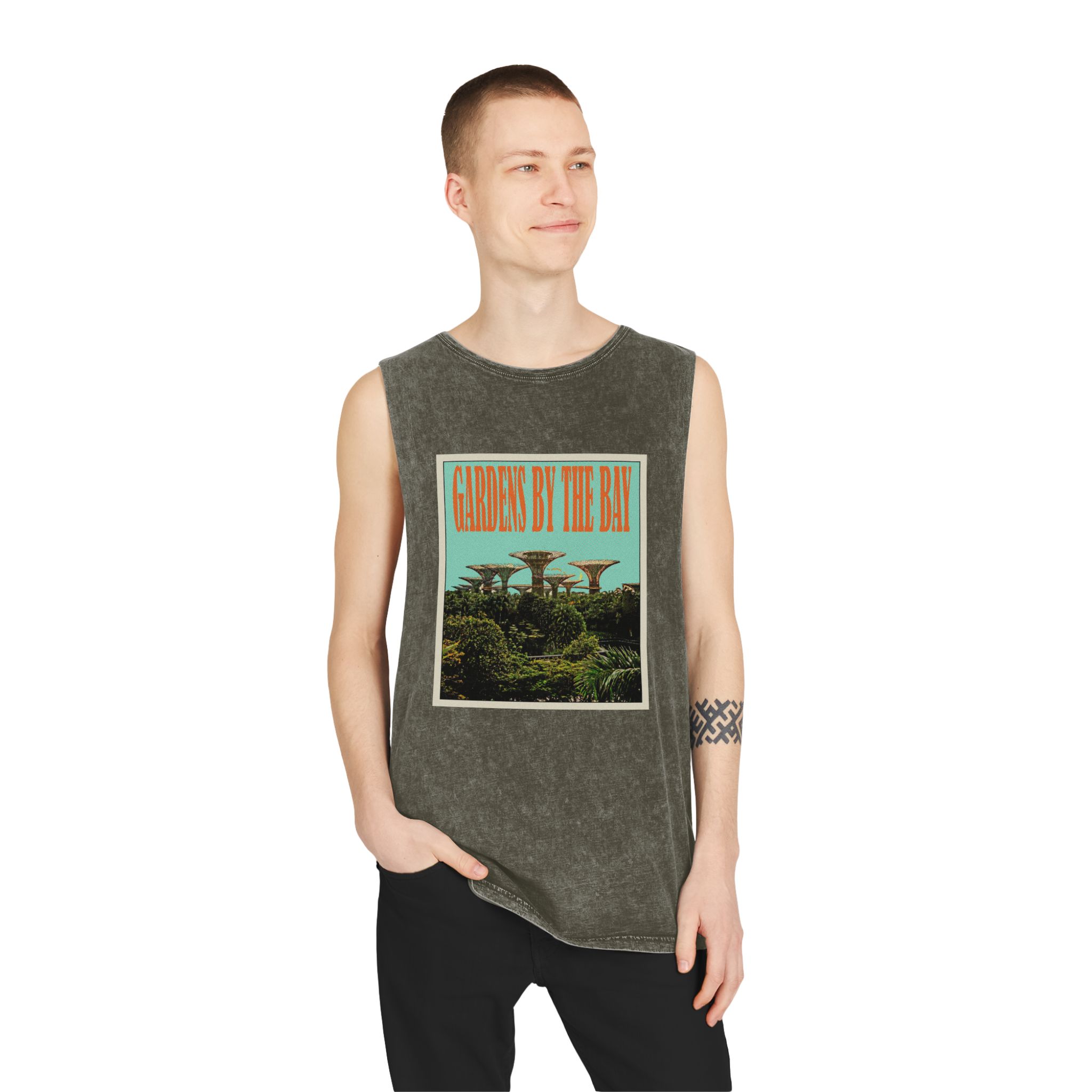 Gardens By Bay Retro Travel Poster Unisex Stonewash Tank Top - Image 7