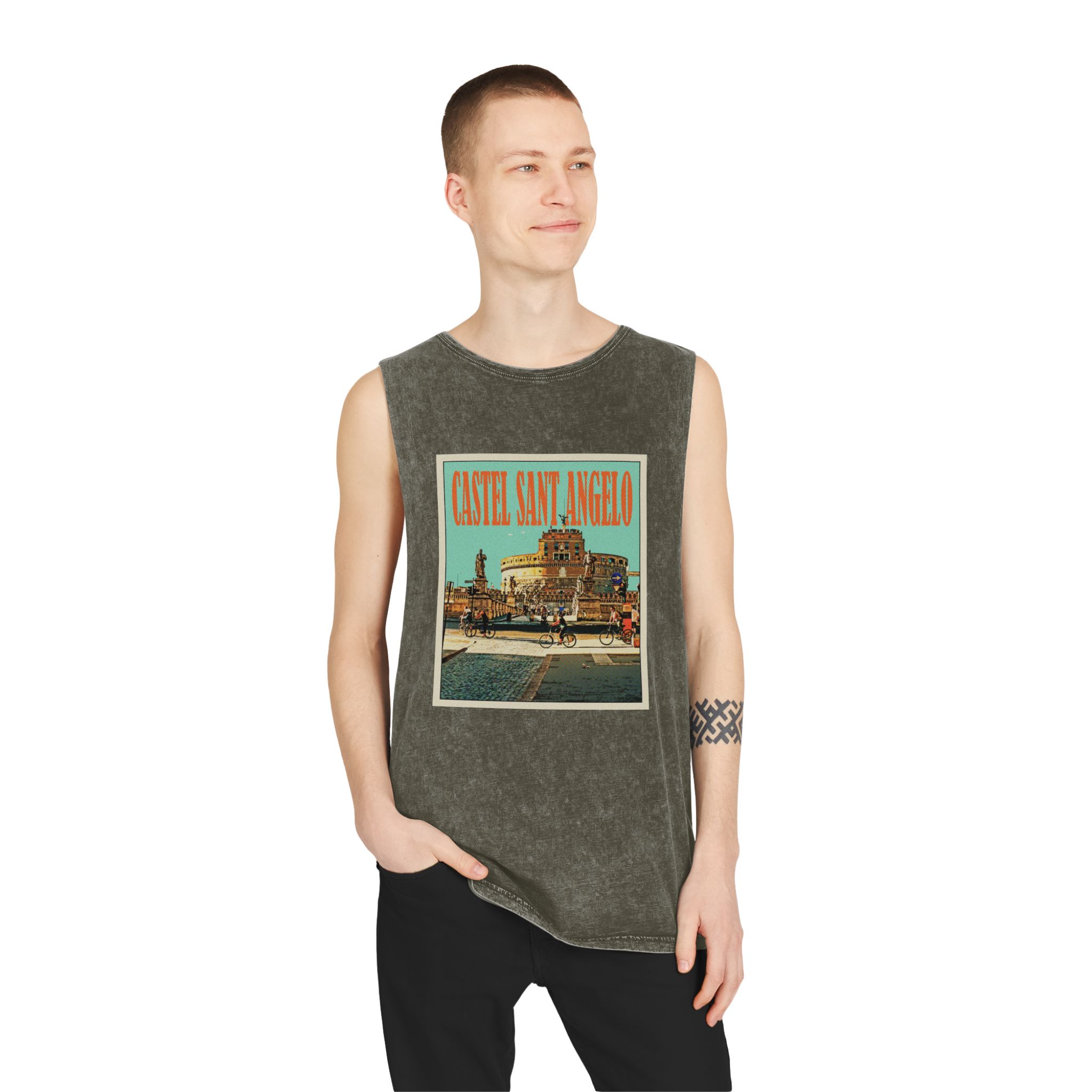 Castel Sant Angelo Retro Travel Poster Unisex Stonewash Tank Top - Image 7
