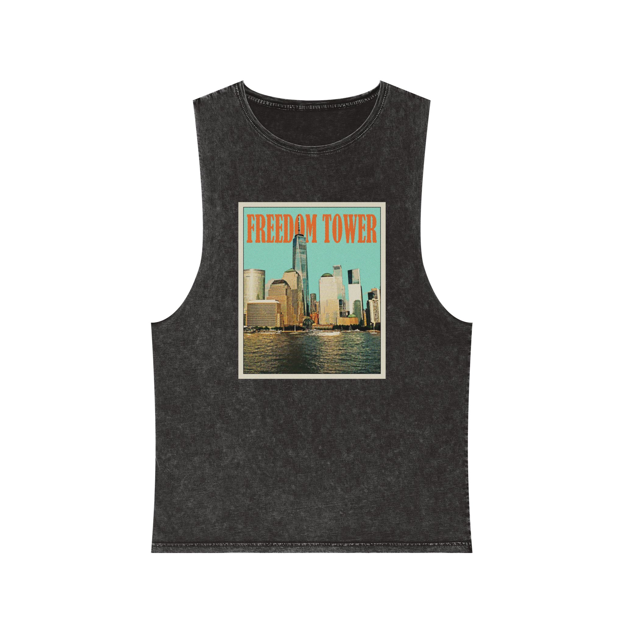 Freedom Tower Retro Travel Poster Unisex Stonewash Tank Top
