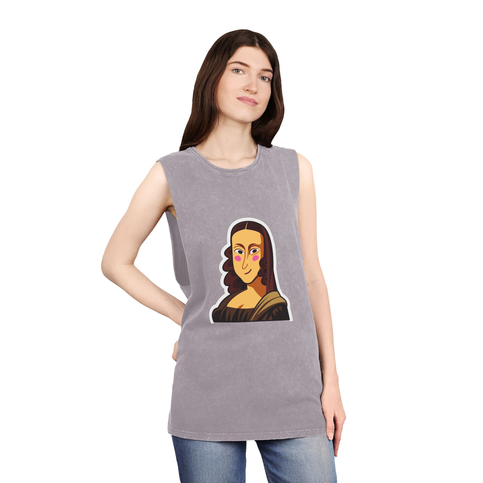 Cartoon Mona Lisa Sticker Unisex Stonewash Tank Top - Image 20