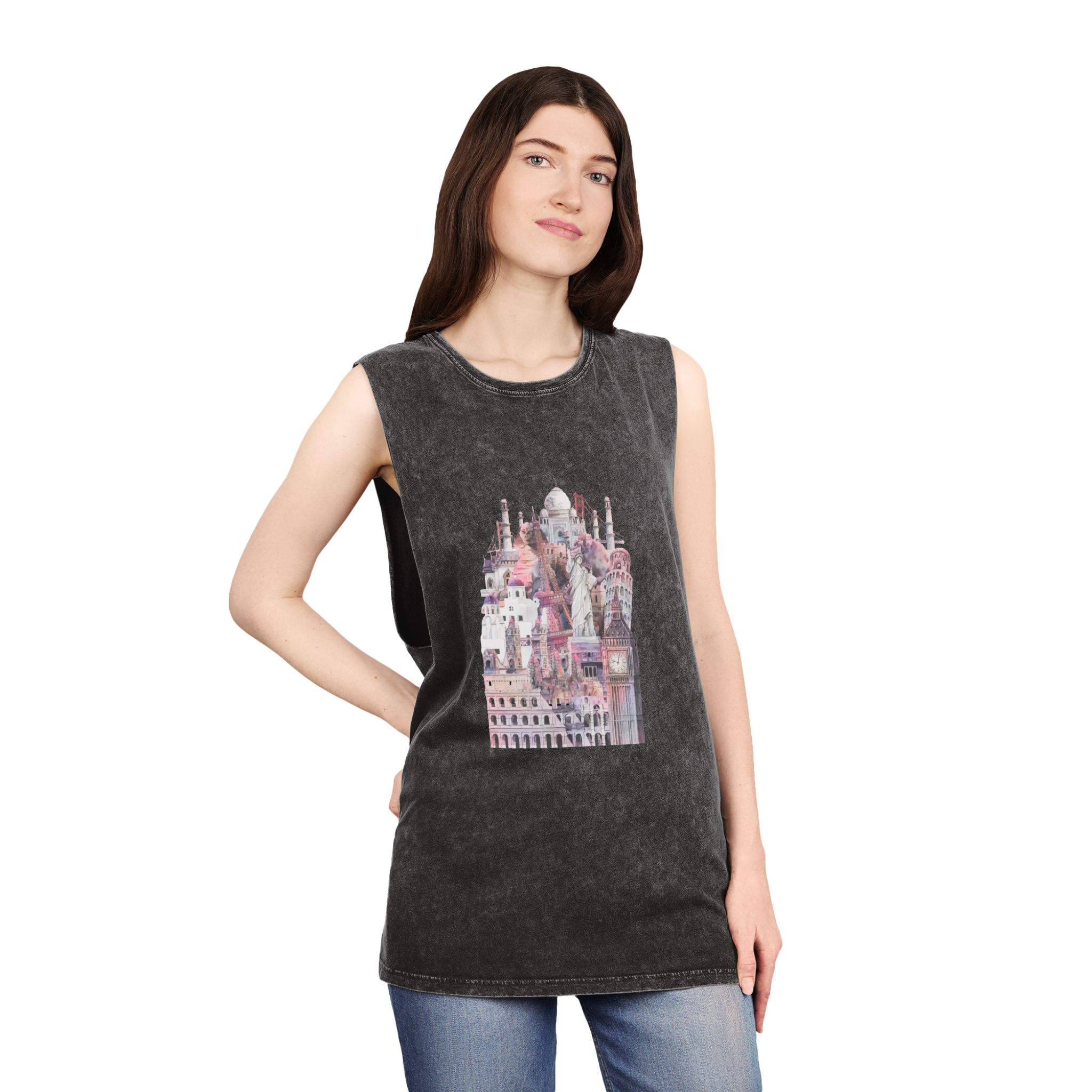 Collection Architectural Landmarks Painted By Watercolor Unisex Stonewash Tank Top - Image 4