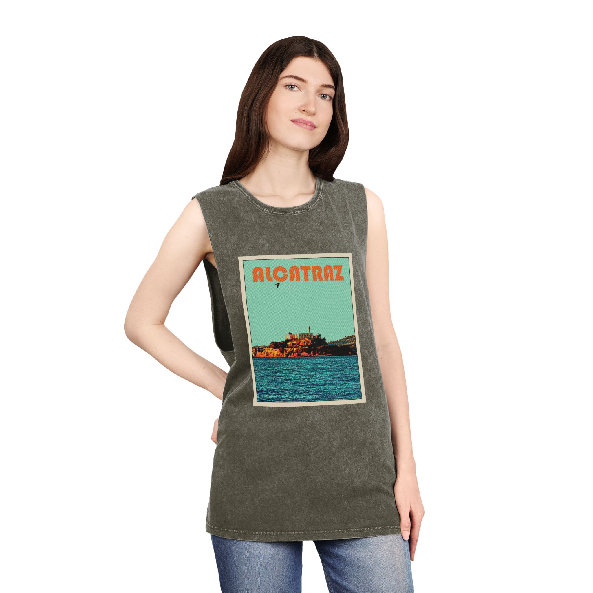 Alcatraz Retro Travel Poster Unisex Stonewash Tank Top - Image 8