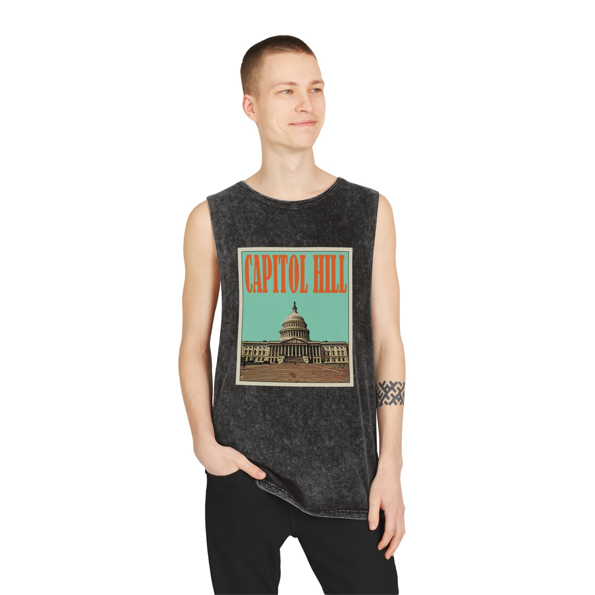 Capitol Hill Retro Travel Poster Unisex Stonewash Tank Top - Image 3