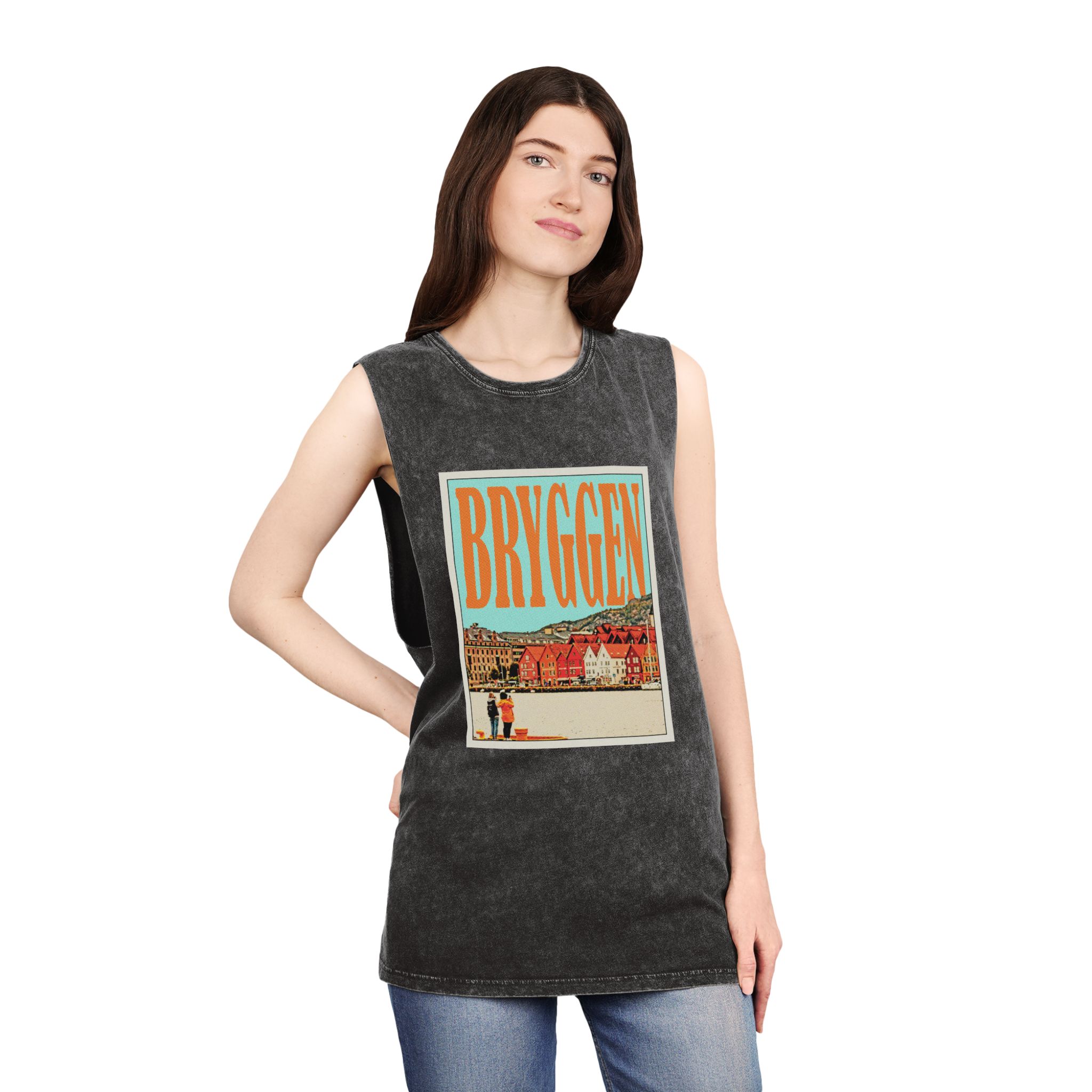 Bryggen Retro Travel Poster (1) Unisex Stonewash Tank Top - Image 4