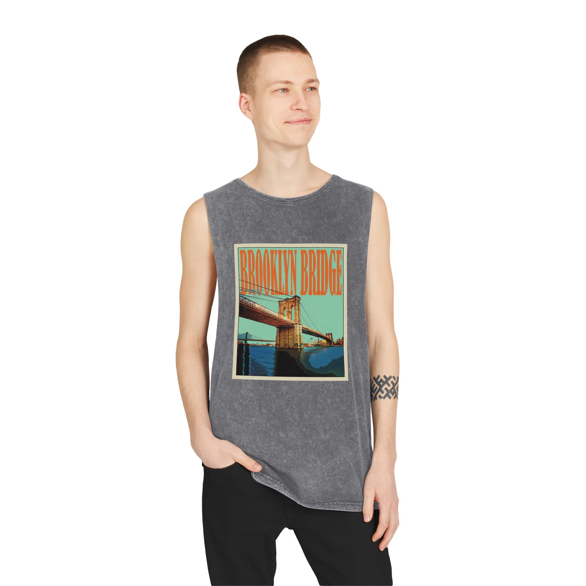 Brooklyn Bridge Retro Travel Poster Unisex Stonewash Tank Top - Image 11