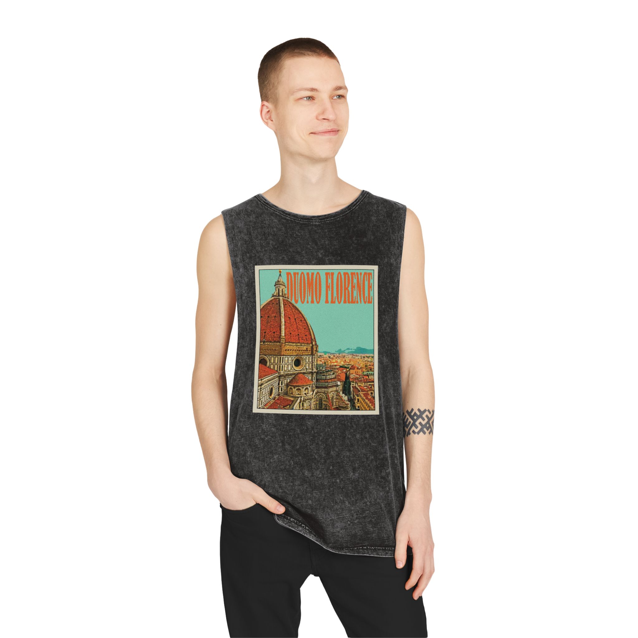 Duomo Florence Retro Travel Poster Unisex Stonewash Tank Top - Image 3