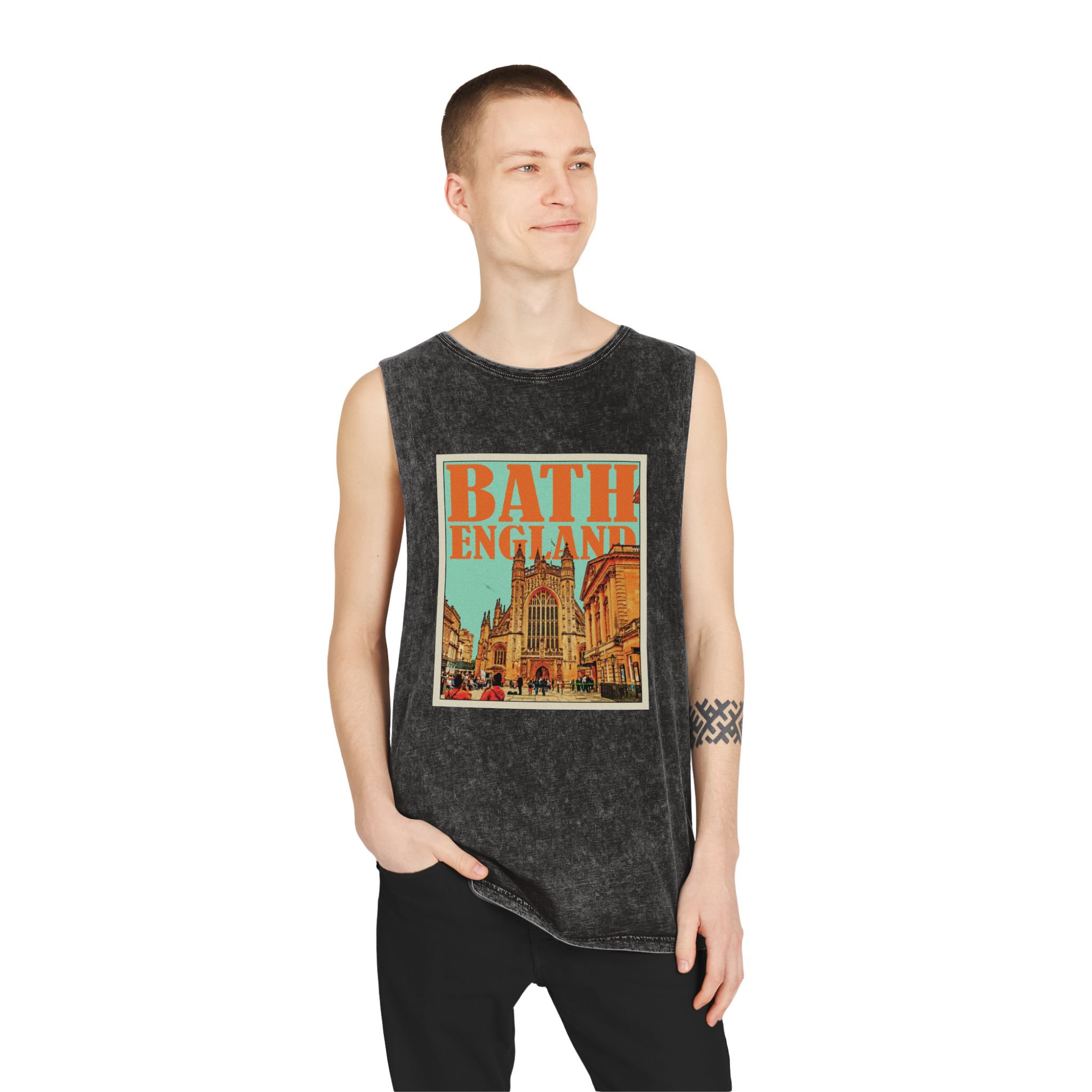Bath England Retro Travel Poster Unisex Stonewash Tank Top - Image 3