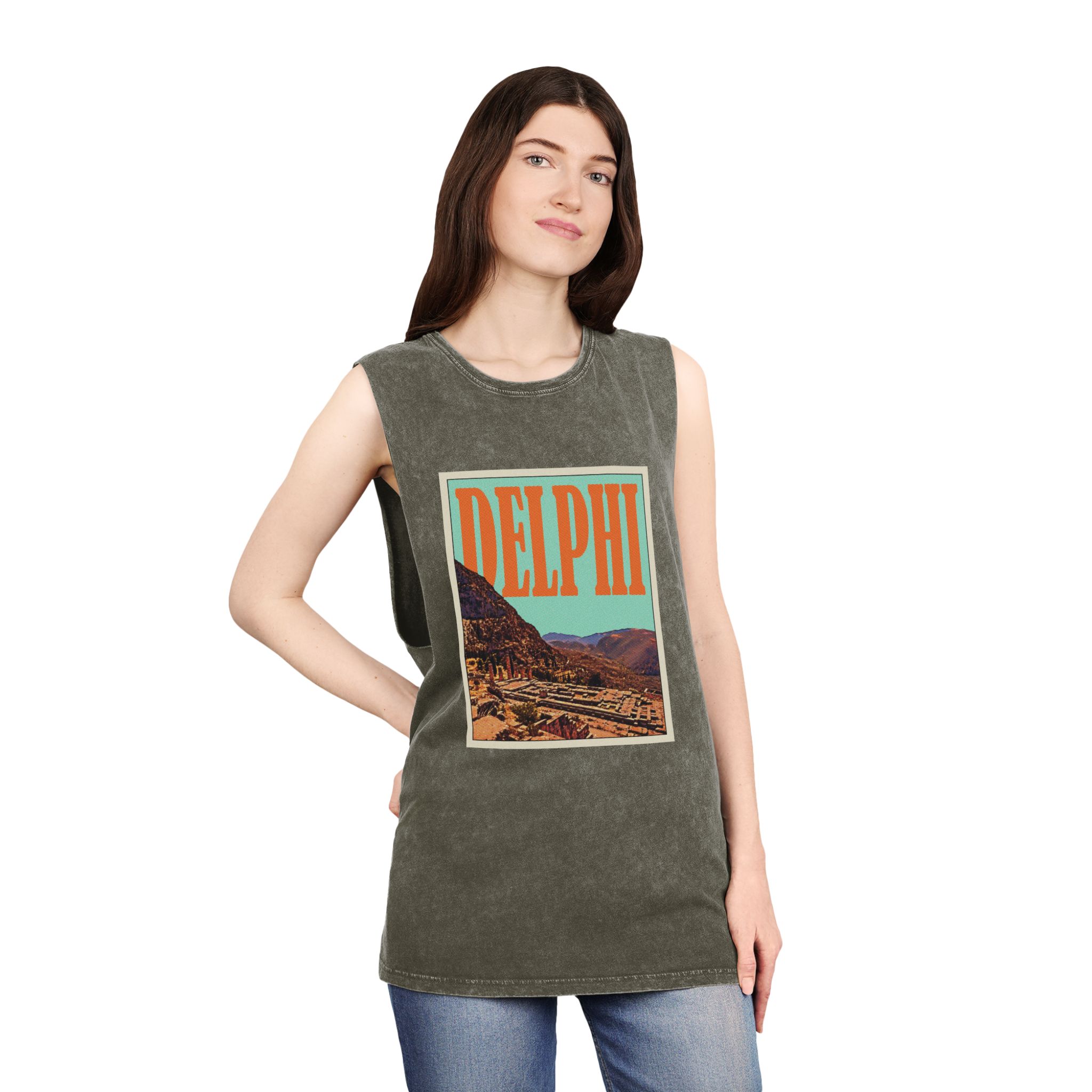 Delphi Retro Travel Poster Unisex Stonewash Tank Top - Image 8