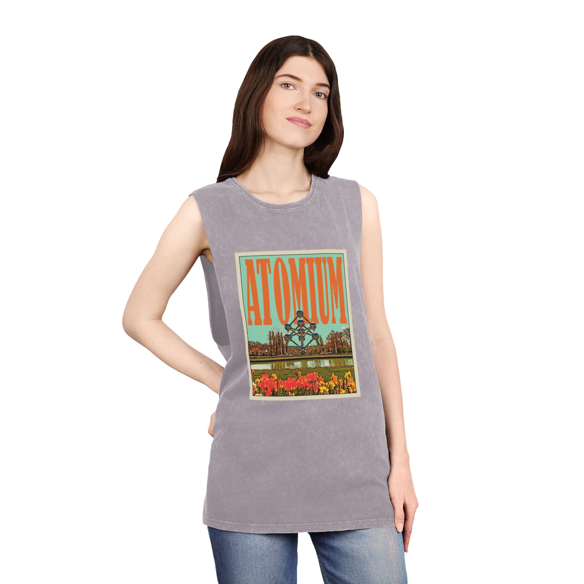 Atomium Retro Travel Poster Unisex Stonewash Tank Top - Image 20