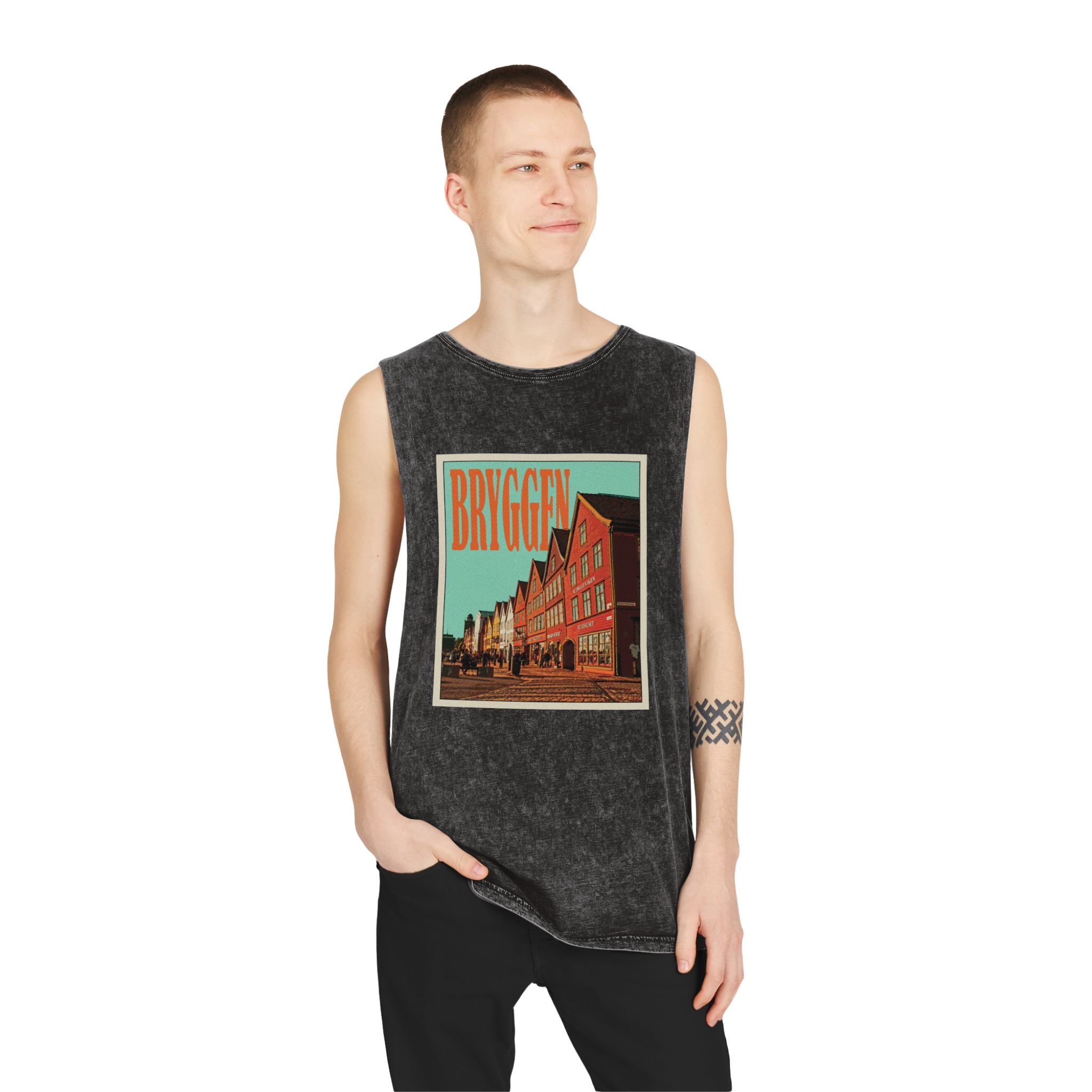 Bryggen Retro Travel Poster Unisex Stonewash Tank Top - Image 3