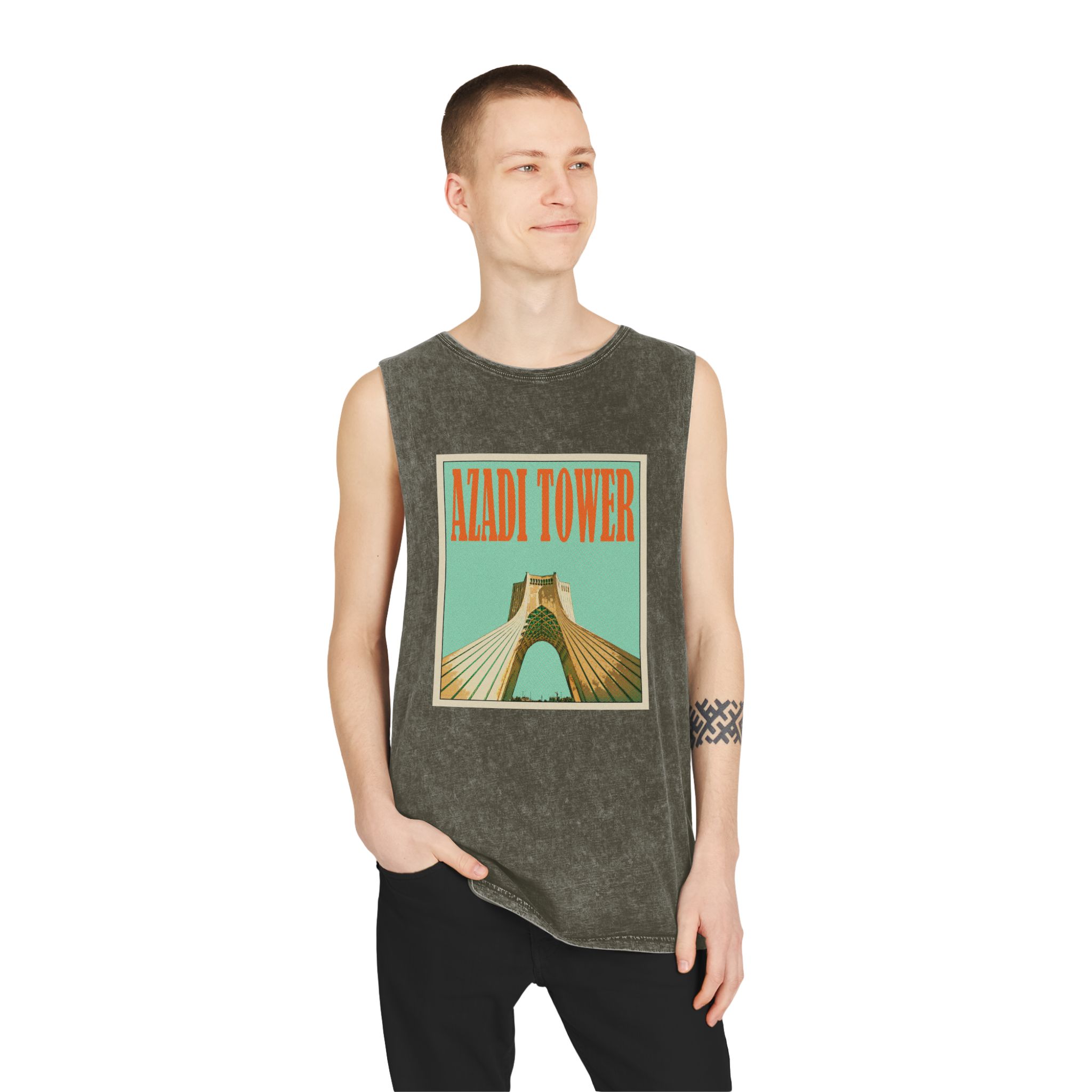 Azadi Tower Retro Travel Poster Unisex Stonewash Tank Top - Image 7