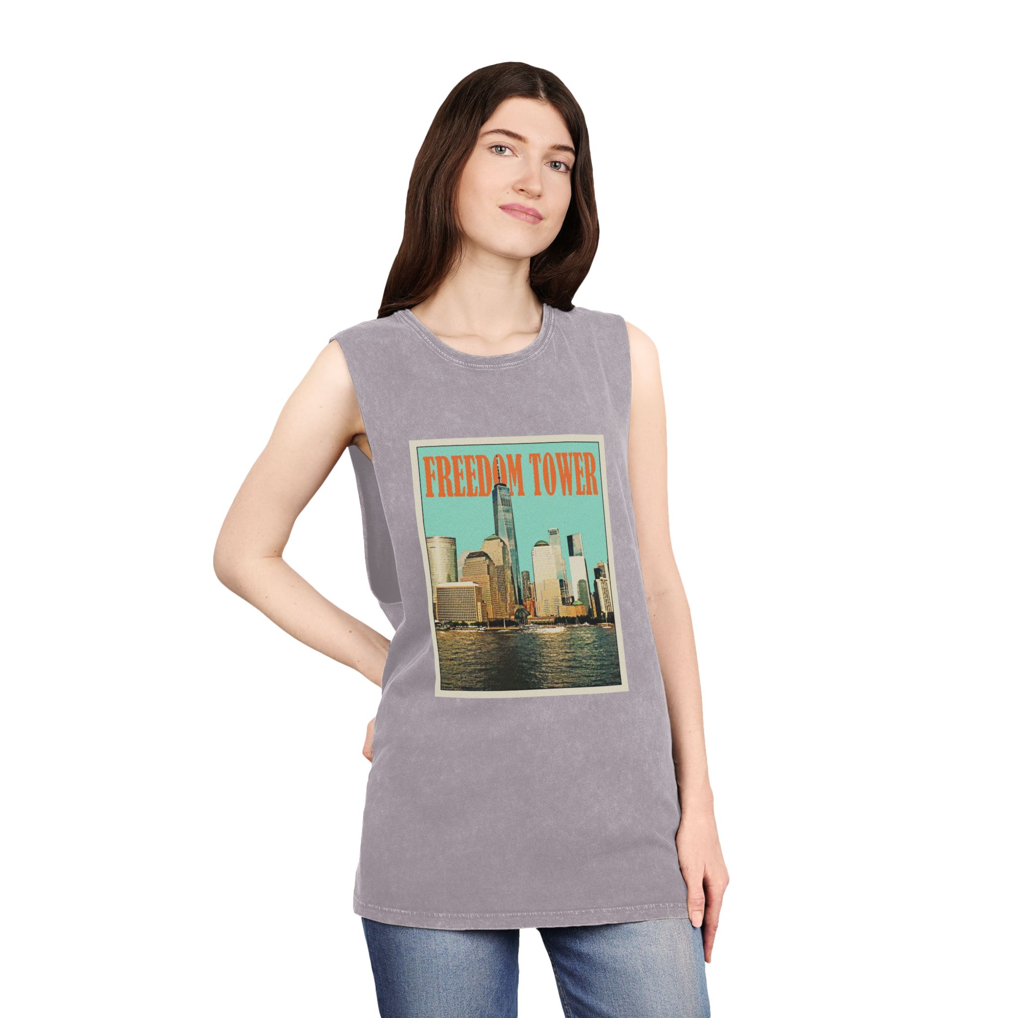 Freedom Tower Retro Travel Poster Unisex Stonewash Tank Top - Image 20