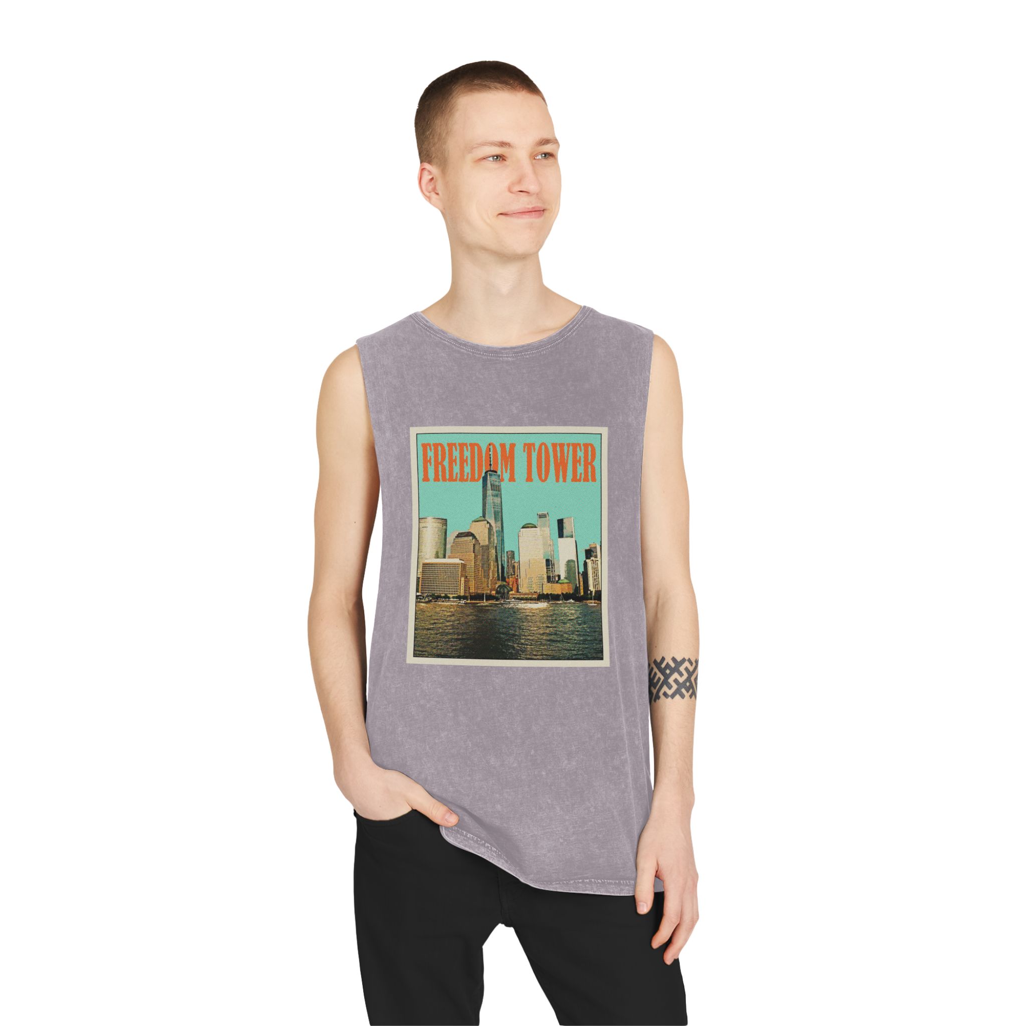 Freedom Tower Retro Travel Poster Unisex Stonewash Tank Top - Image 19