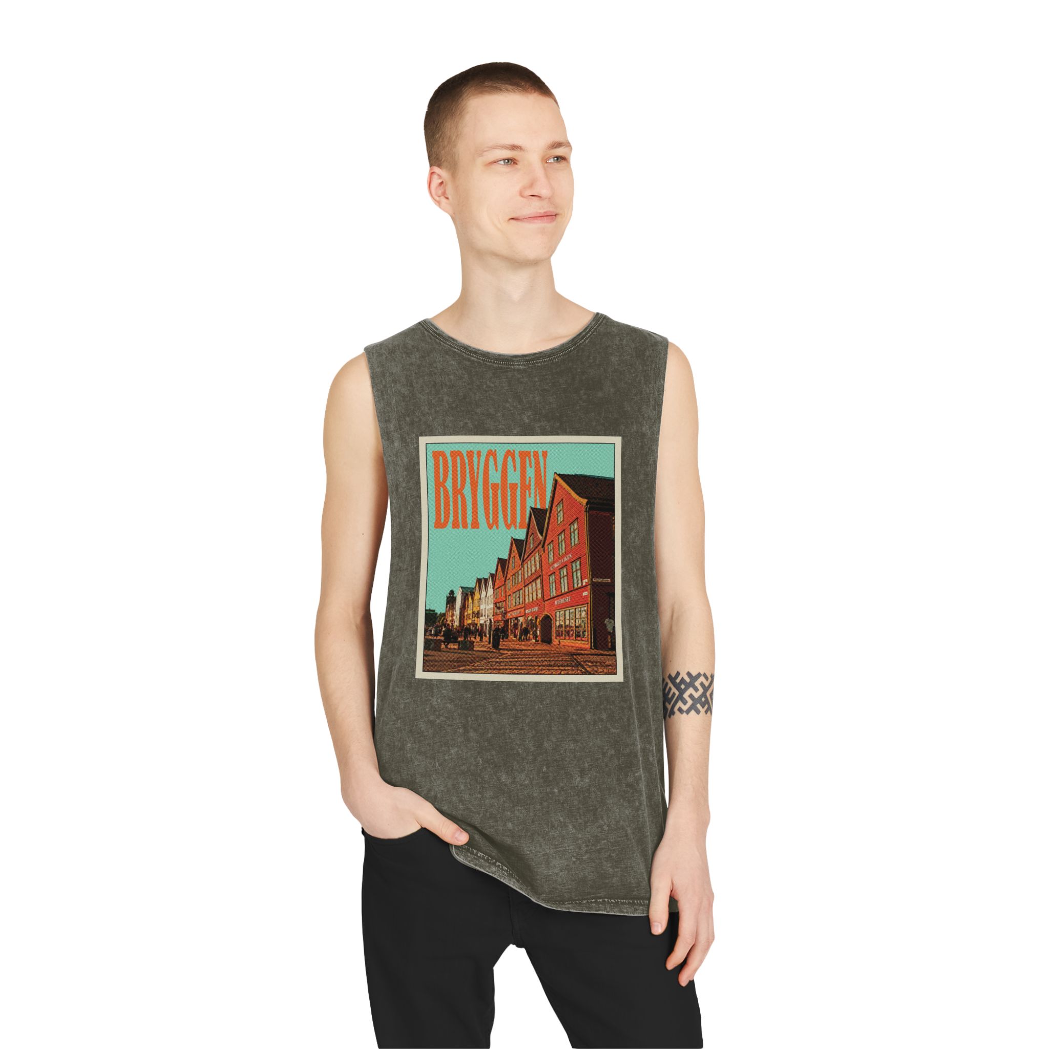 Bryggen Retro Travel Poster Unisex Stonewash Tank Top - Image 7