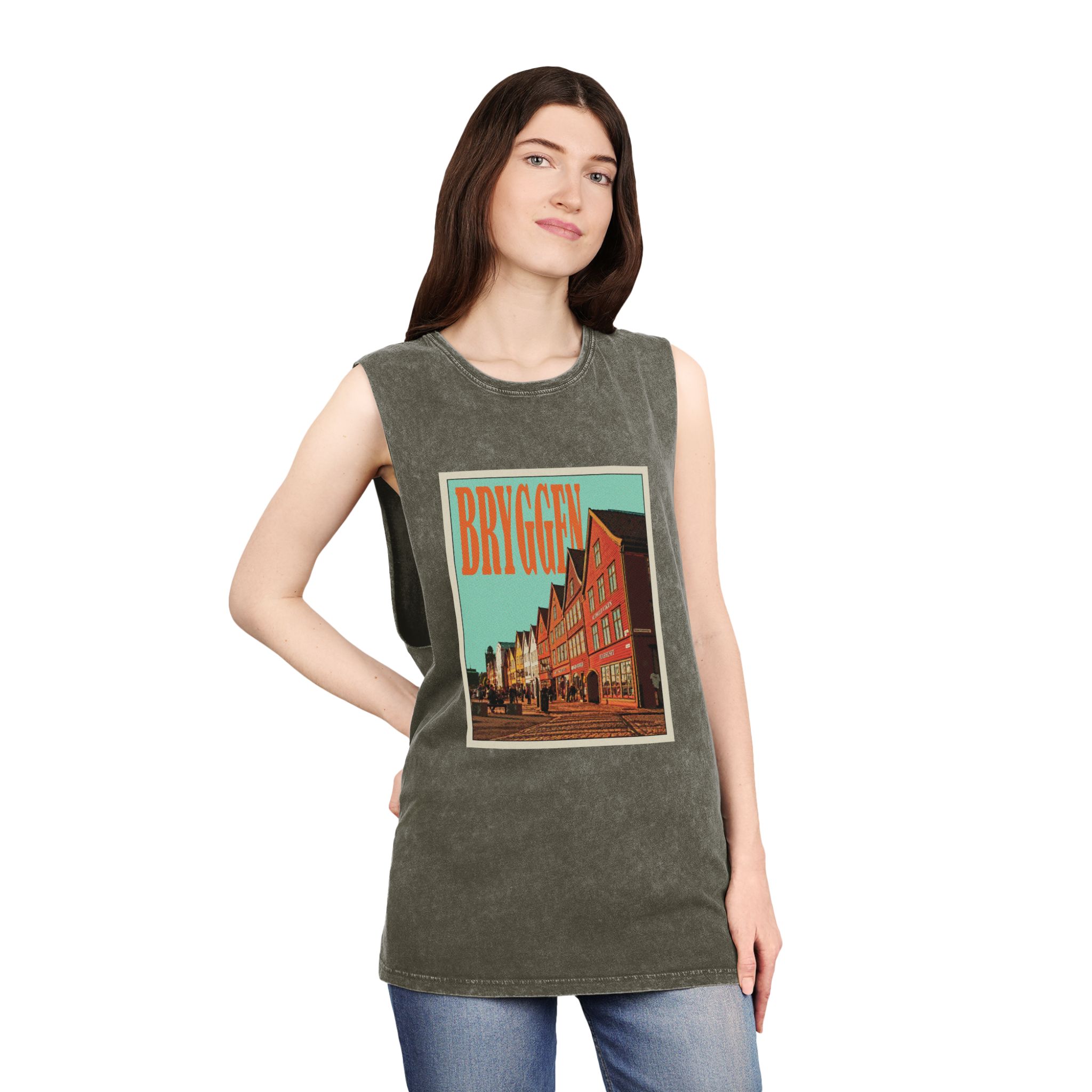 Bryggen Retro Travel Poster Unisex Stonewash Tank Top - Image 8