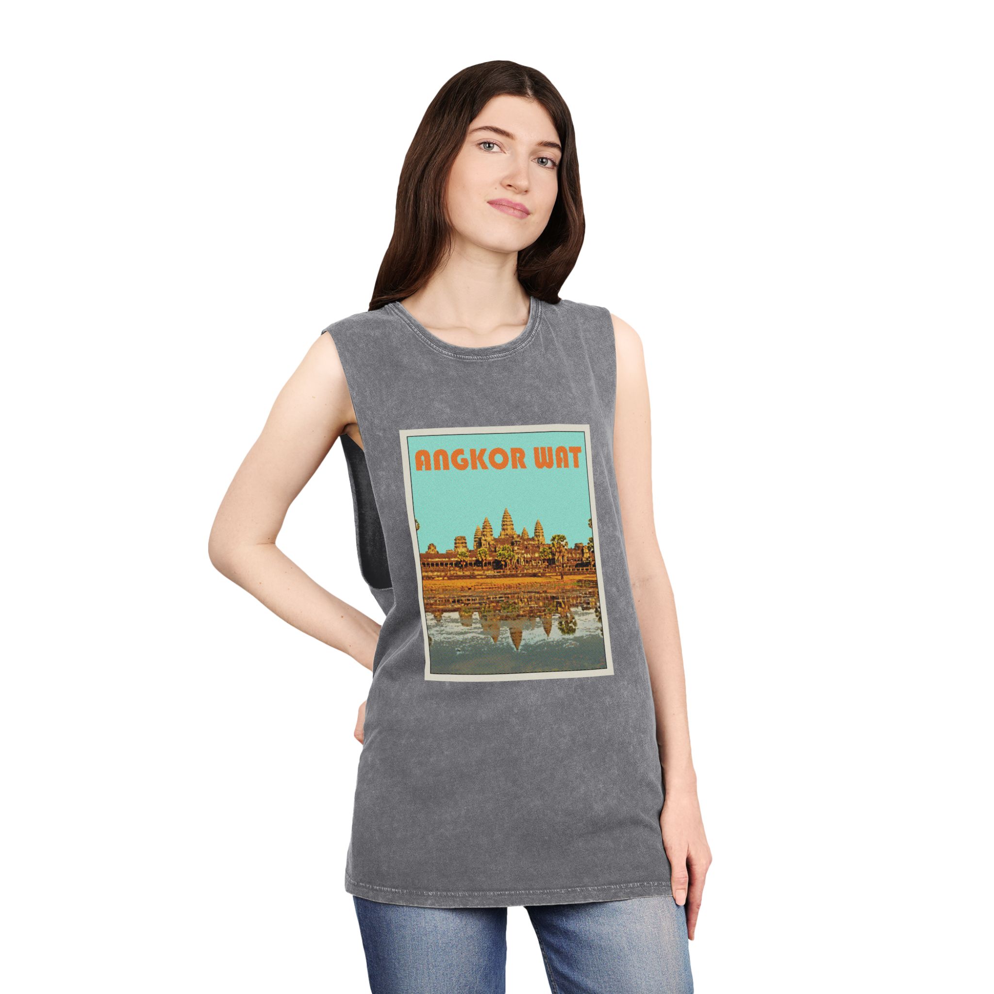 Angkor Wat Retro Travel Poster Unisex Stonewash Tank Top - Image 12