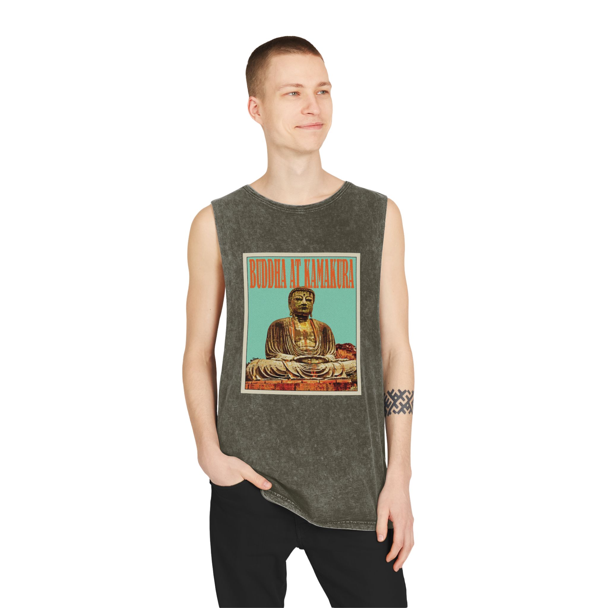 Buddha Kamakura Retro Travel Poster (1) Unisex Stonewash Tank Top - Image 7