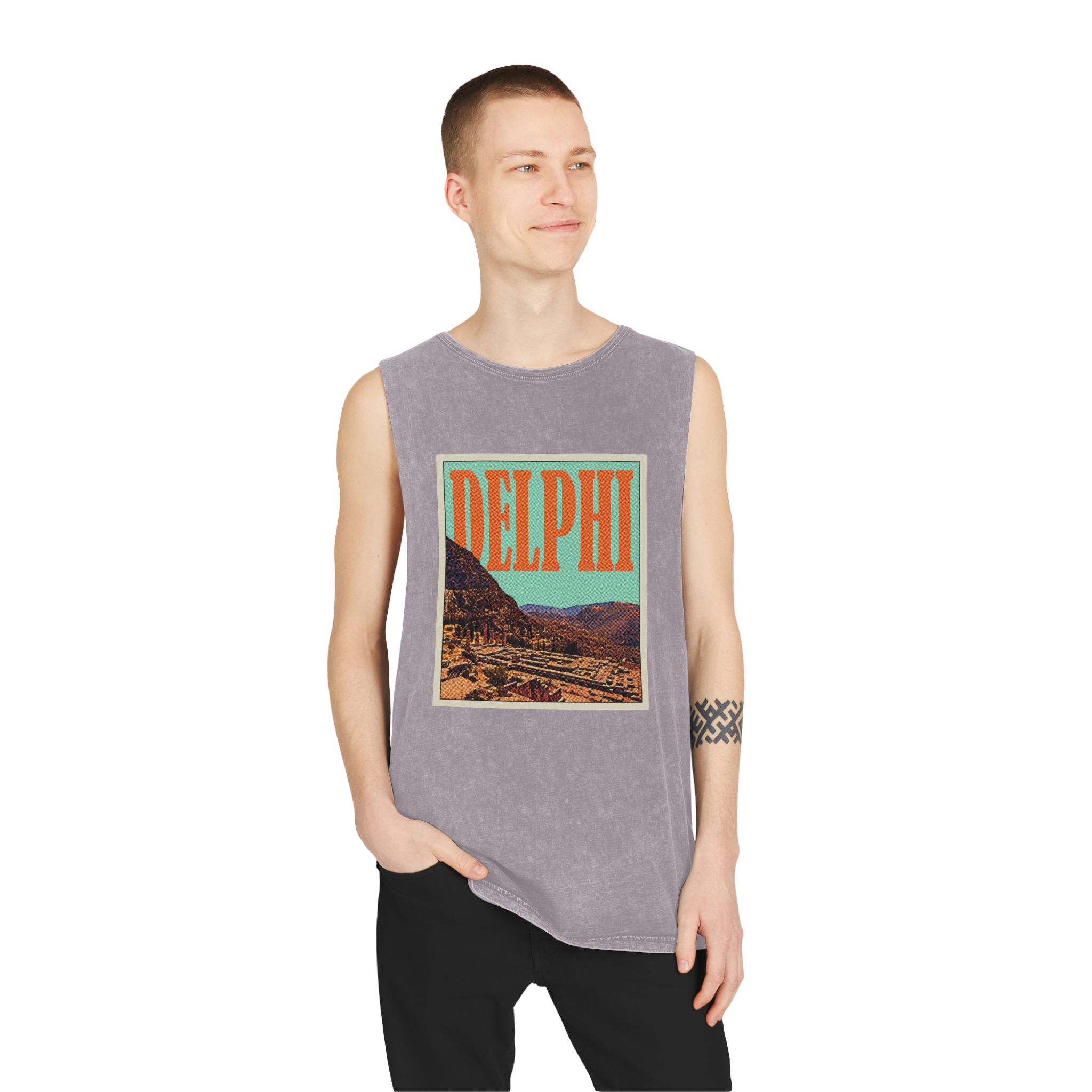 Delphi Retro Travel Poster Unisex Stonewash Tank Top - Image 19